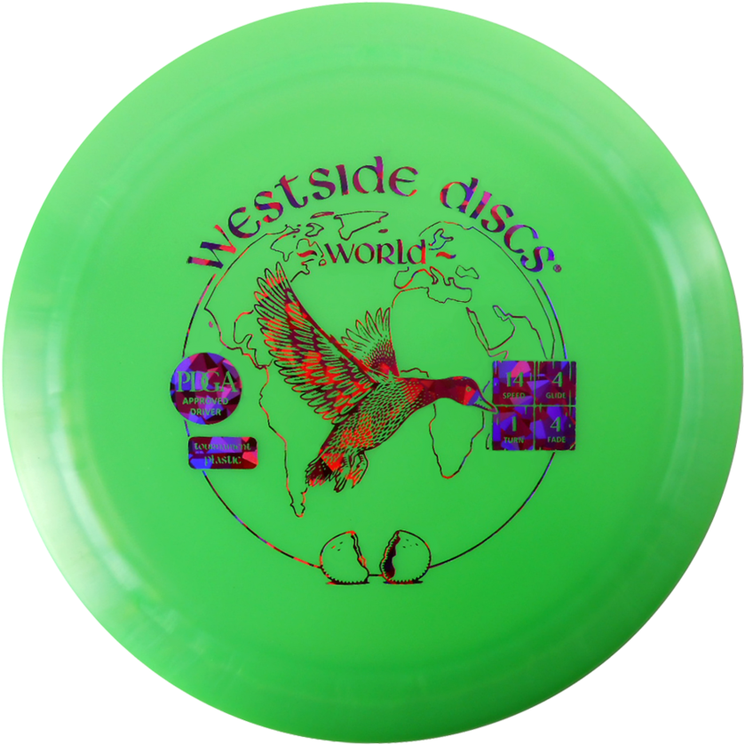 霓虹綠色Westside Discs飛盤 壁紙 — 一個亮綠色的飛盤高爾夫飛盤，上面有彩色鳥類圖案覆蓋在世界地圖上，並附有性能統計數據和 'Westside Discs' 品牌標誌。