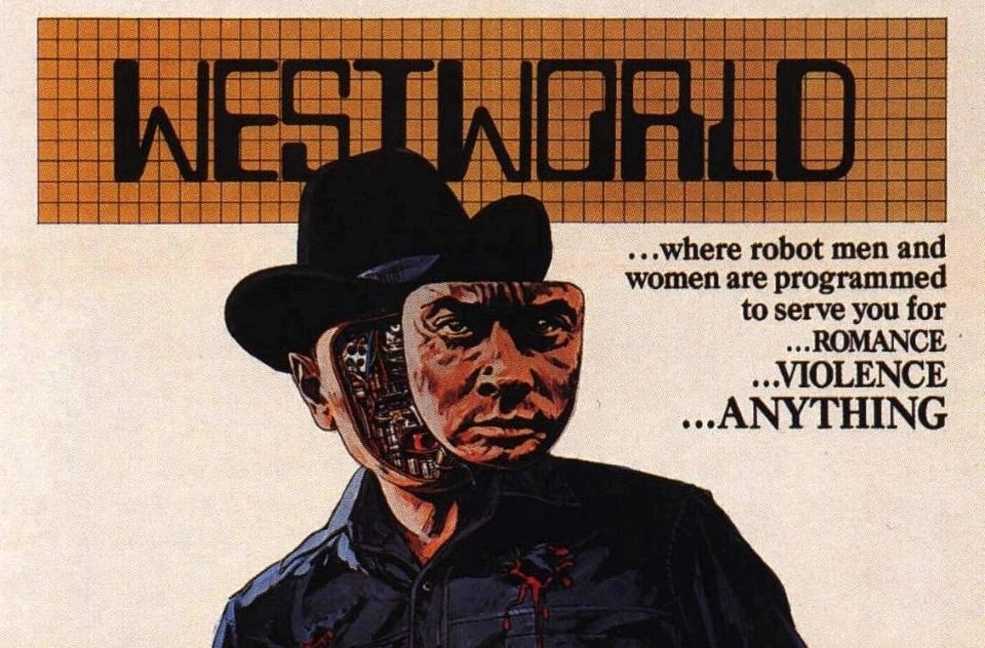 Westworld：機械人男子 壁紙 — 一張《西部世界》的復古海報，展示一名牛仔，其半邊臉暴露為機械齒輪和電線。