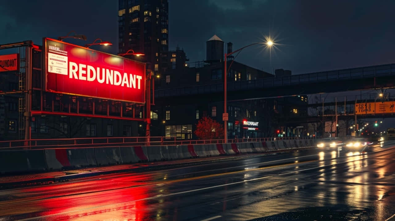 Redundant 桌布 壁紙 — 濕漉漉的城市街道在夜晚反射出大型廣告牌上發光的紅色霓虹燈，汽車在路燈下行駛而過。