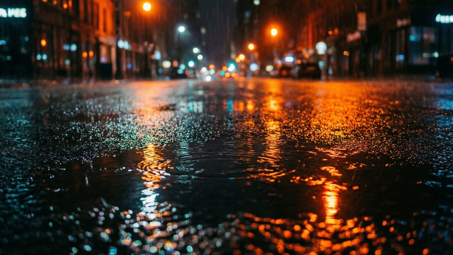 雨滴在濕漉漉的人行道上泛起漣漪，反射夜晚的城市燈光