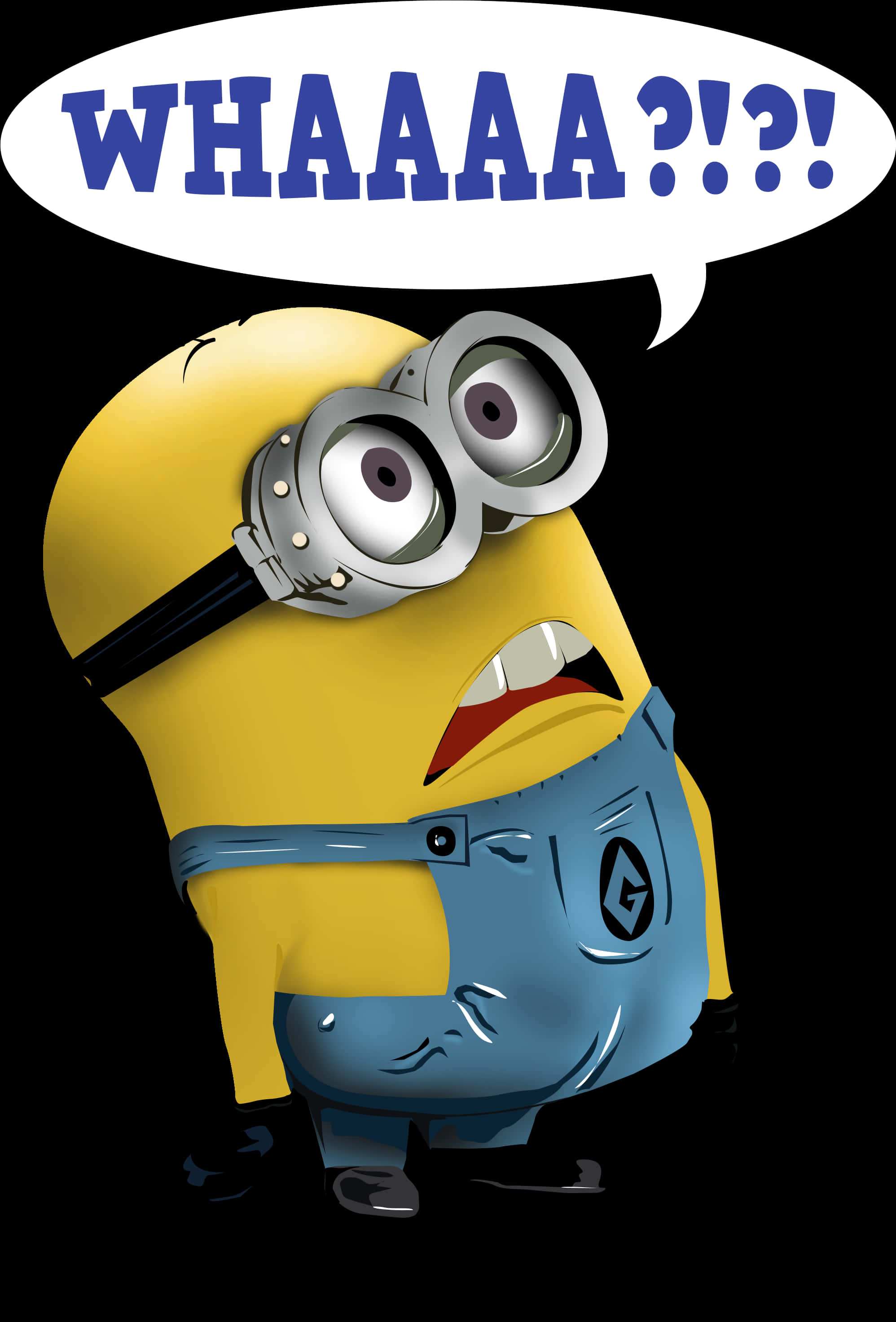 驚訝的小小兵「WHAAA?!?!」 壁紙 — 一個戴護目鏡和藍色工裝褲的卡通 minion 在黑色背景上尖叫 'WHAAAAA?!?!'。