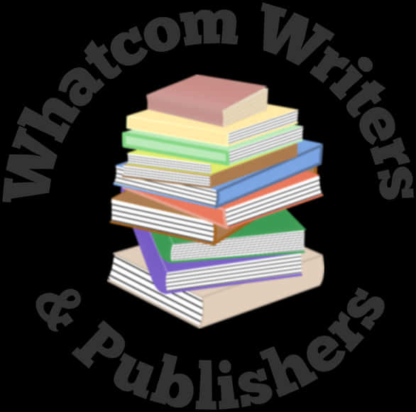 Whatcom Writers & Publishers 書籍標誌 壁紙 — 一個色彩繽紛的書堆位於標誌中央，周圍環繞著 'Whatcom Writers & Publishers' 文字，背景為黑色。