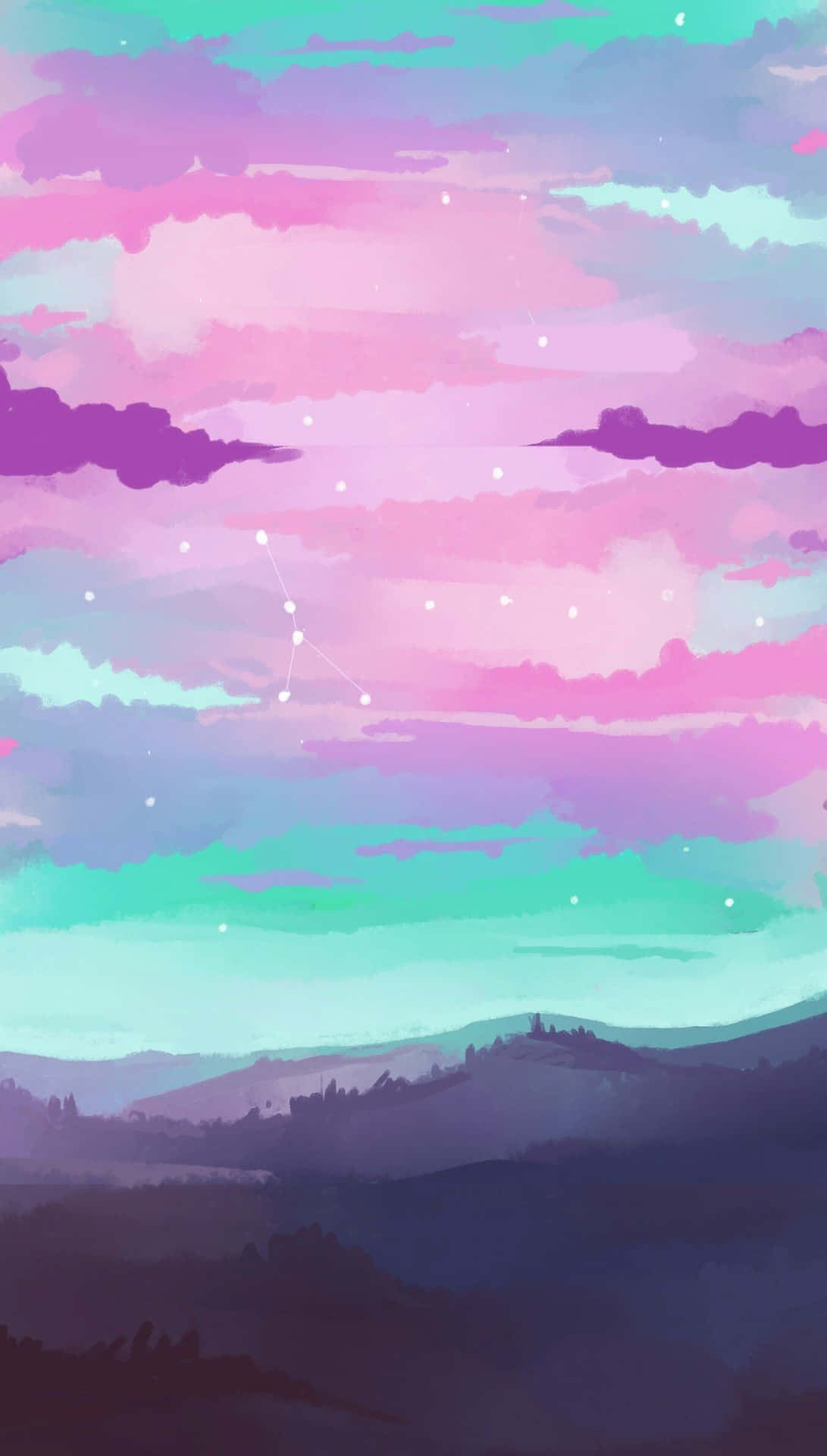 暮色中帶有星星和山脈的粉彩天空