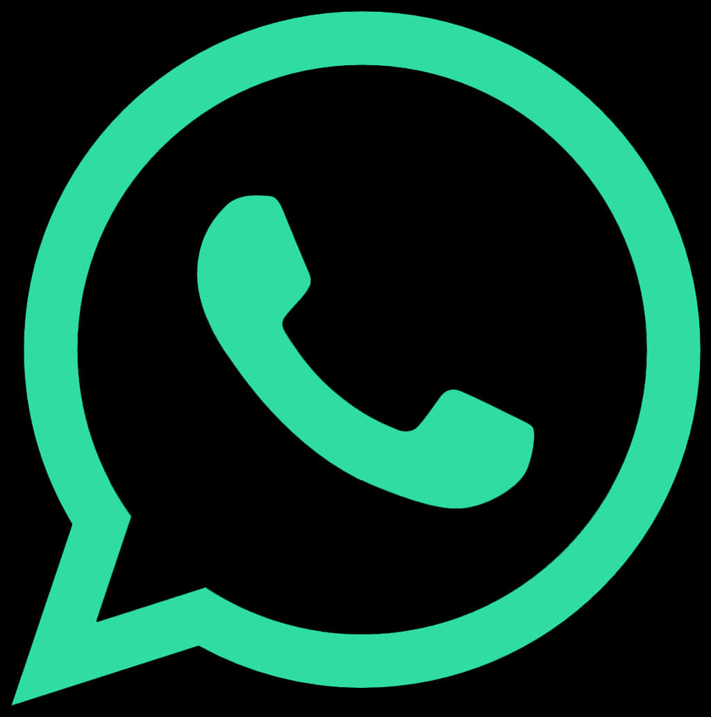 WhatsApp標誌圖示綠黑背景 壁紙 — 一個發光的青綠色WhatsApp標誌，對話氣泡內有一個電話圖標，背景為黑色。