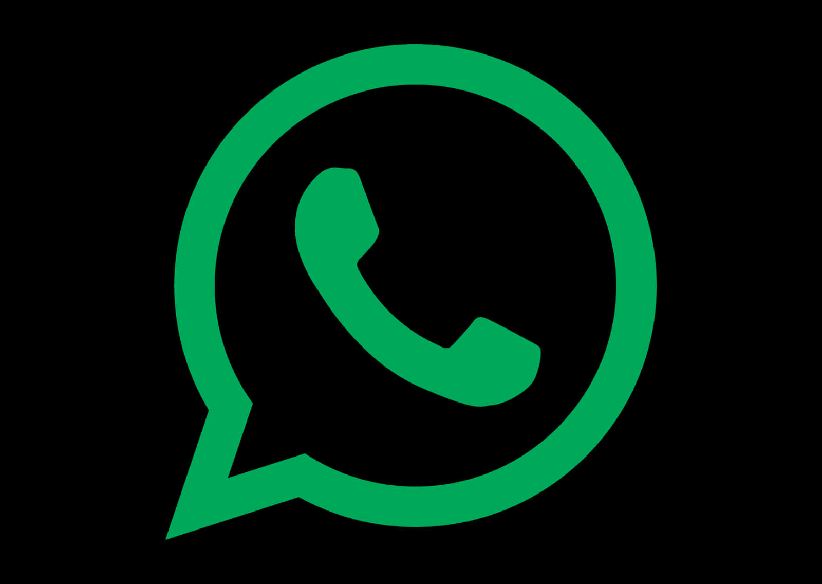 WhatsApp標誌綠色背景 壁紙 — 一個大膽的綠色WhatsApp標誌，在對話氣泡內有一個電話圖標，置於純黑色背景上。