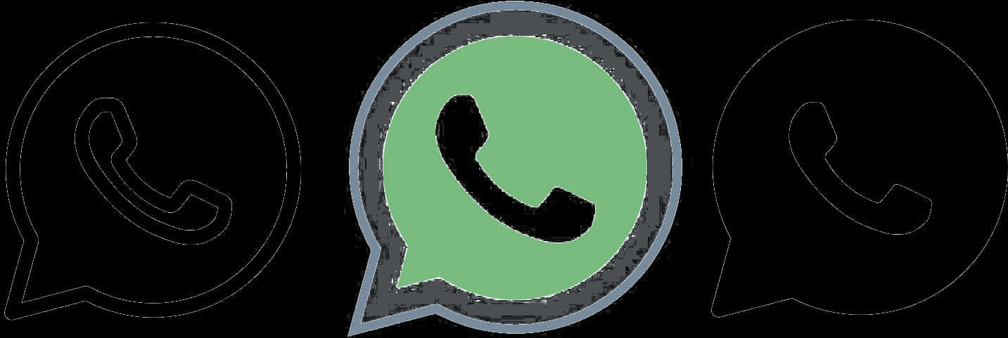 WhatsApp 三聯標誌 壁紙 — 三個WhatsApp標誌圖標，中央綠色，輪廓褪色，黑色背景。