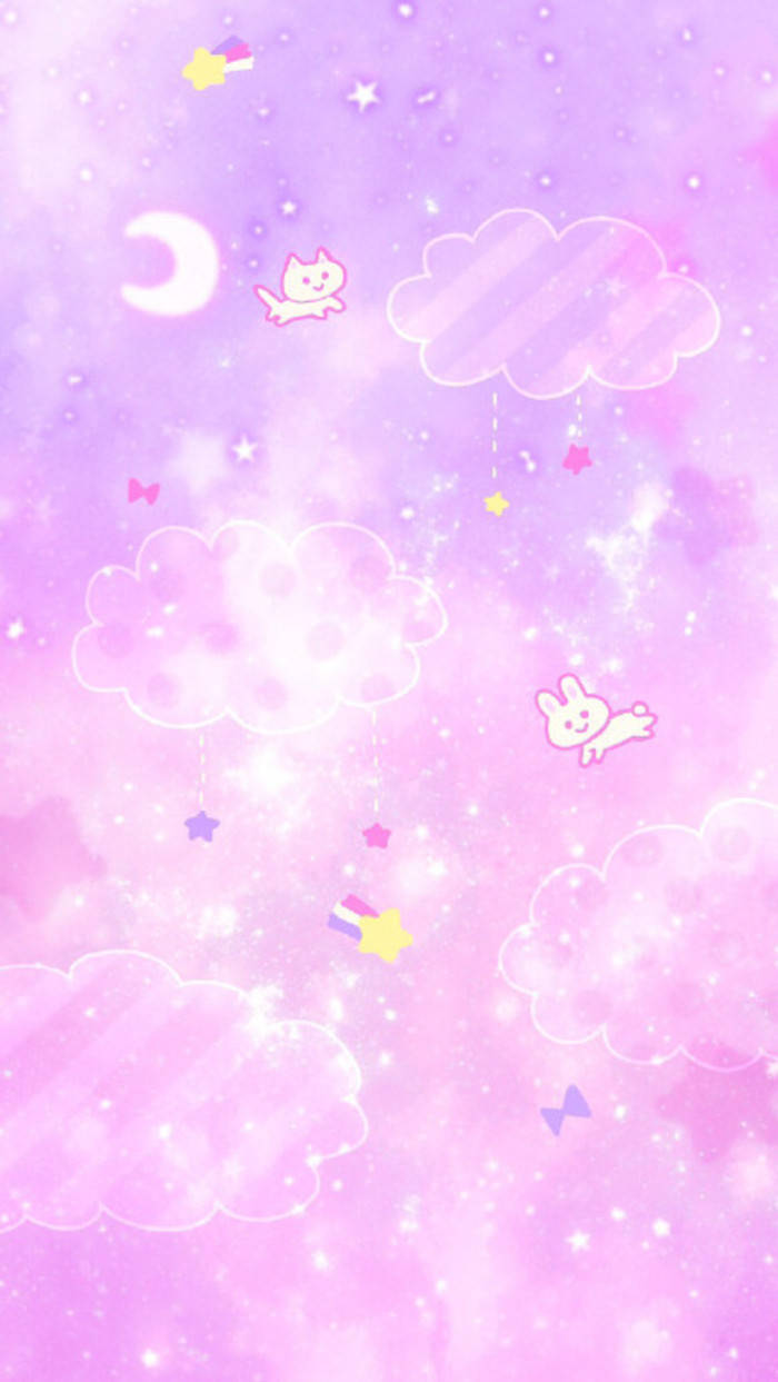 粉紅和紫色粉彩天空，有漂浮的雲朵、星星和可愛的卡通動物，下方有一彎新月。