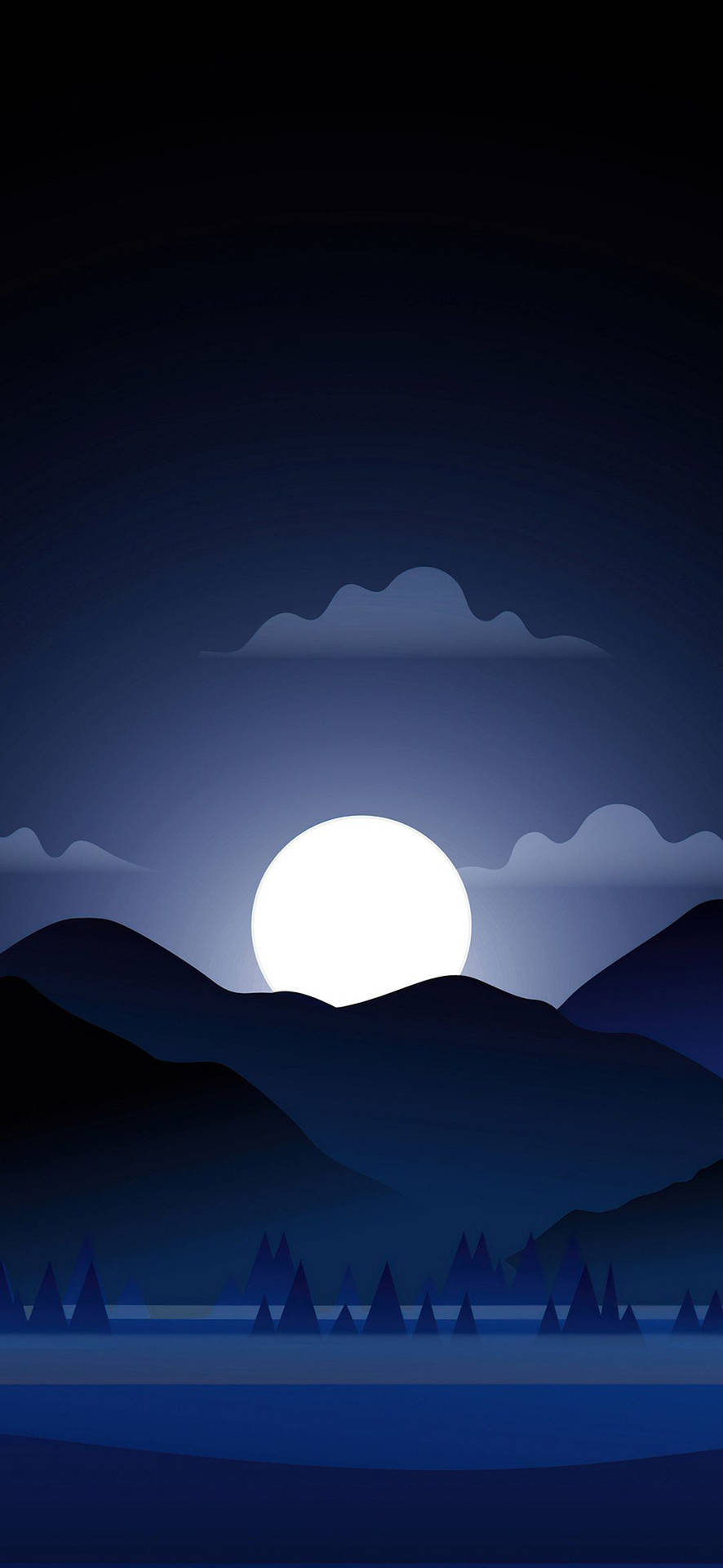 滿月在山脈和湖上升起之夜