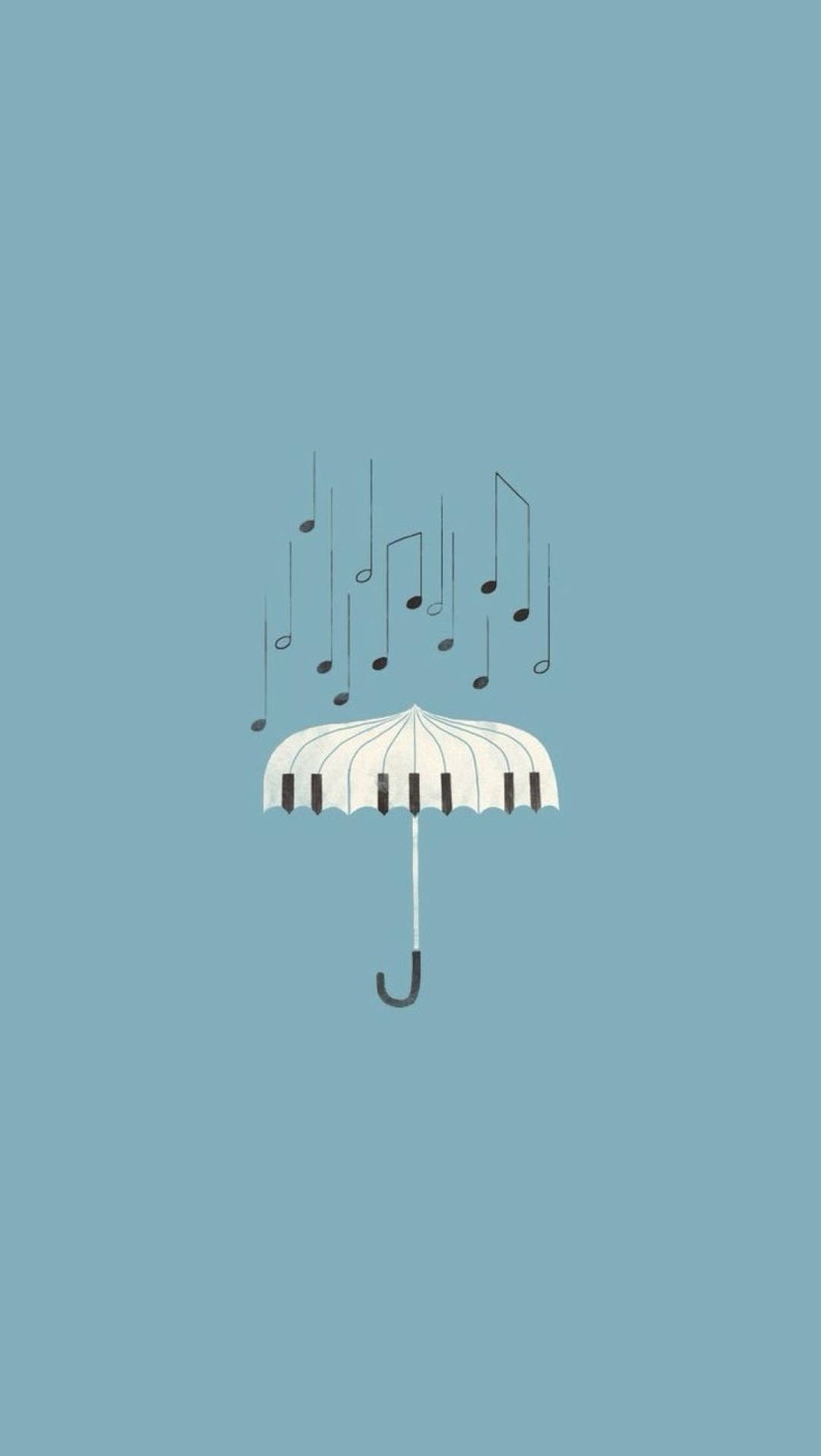 帶有鋼琴鍵設計的白色雨傘在藍色背景上釋放音符