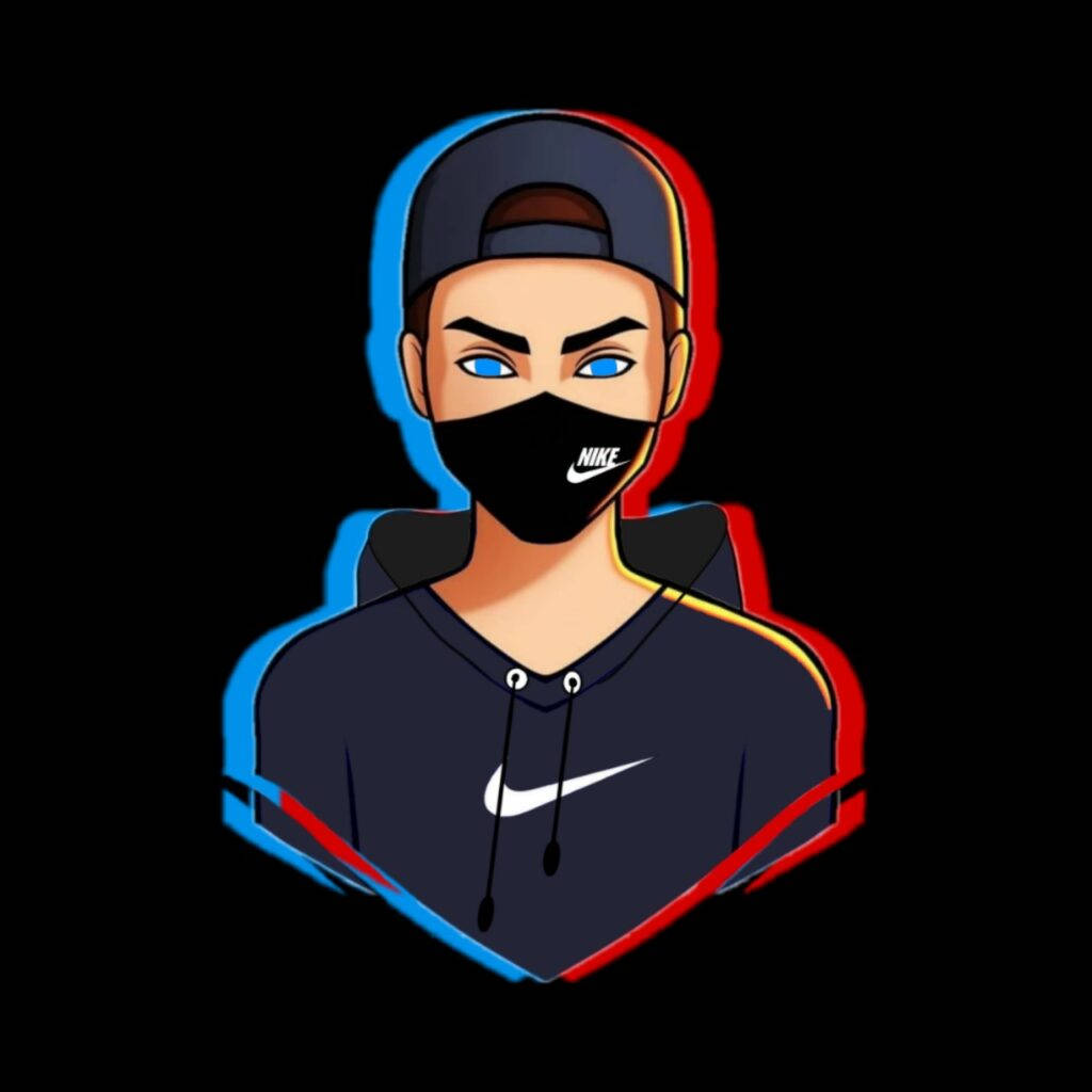 WhatsApp頭像戴帽男子 壁紙 — 一個風格化的數碼肖像，描繪一名身穿Nike連帽衫和口罩的年輕男子，在黑色背景上帶有鮮明的藍色和紅色霓虹輪廓。