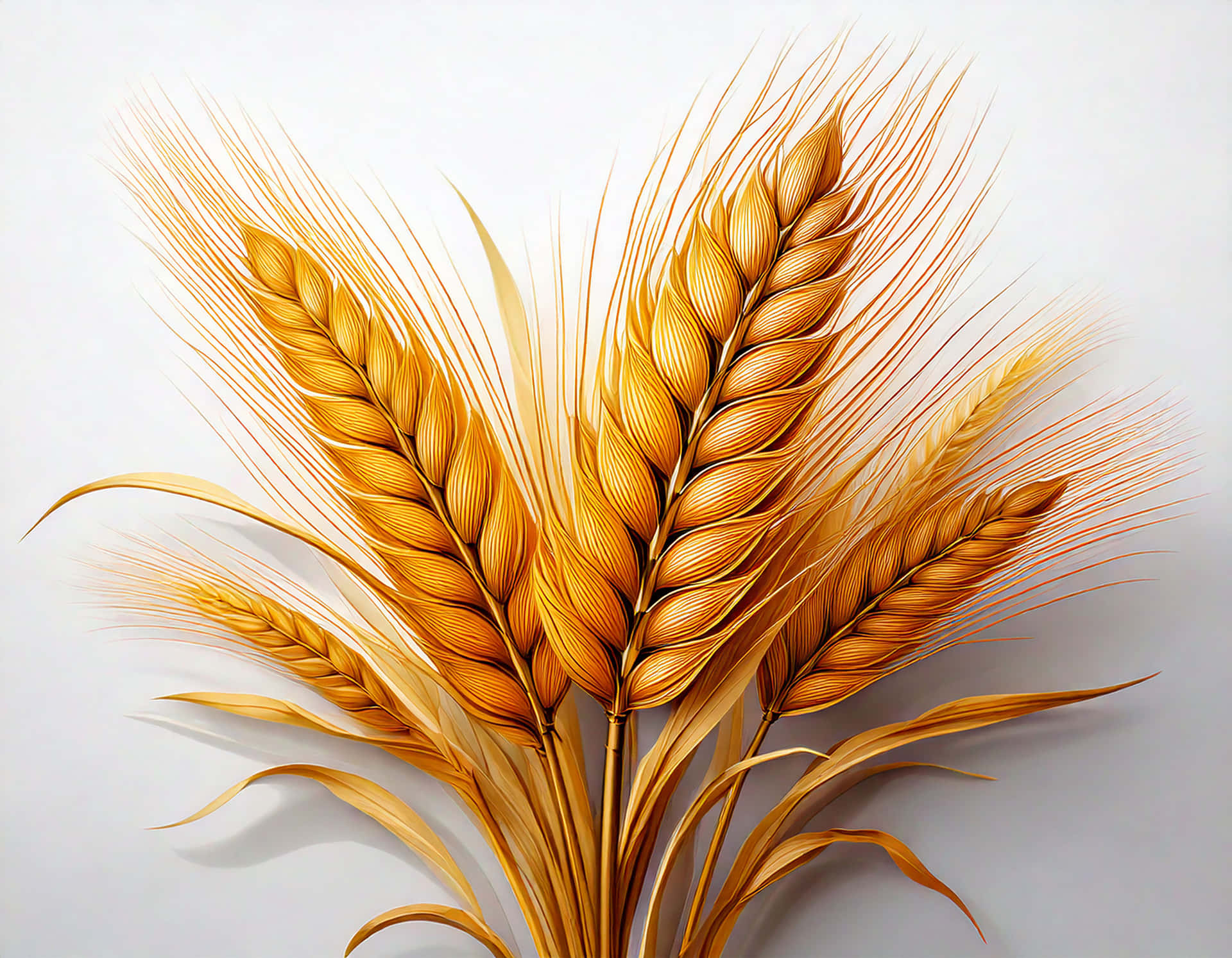 Wheat 壁紙 — 金色麥稈帶有細緻的穀粒和輕柔的芒，在柔和的白色背景上放射開來。