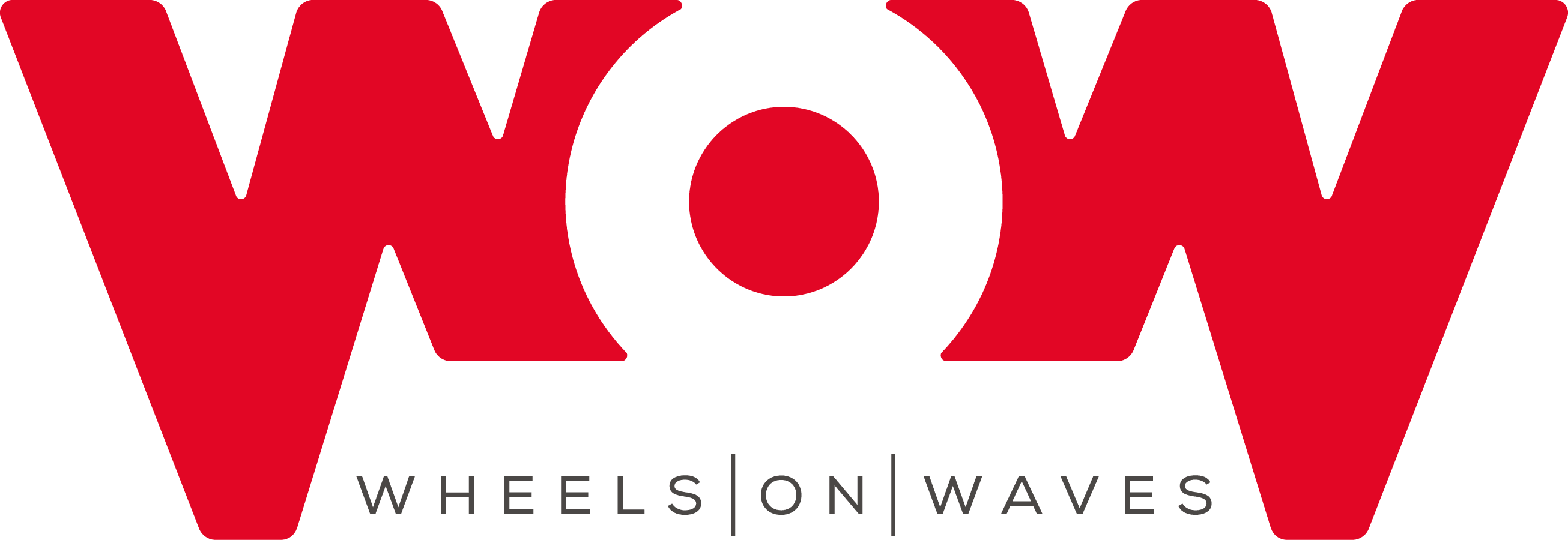 Wheelson Waves 標誌 壁紙 — 大膽紅色WOW標誌，O上方有圓形點，橄欖綠色背景，下方有灰色小文字。