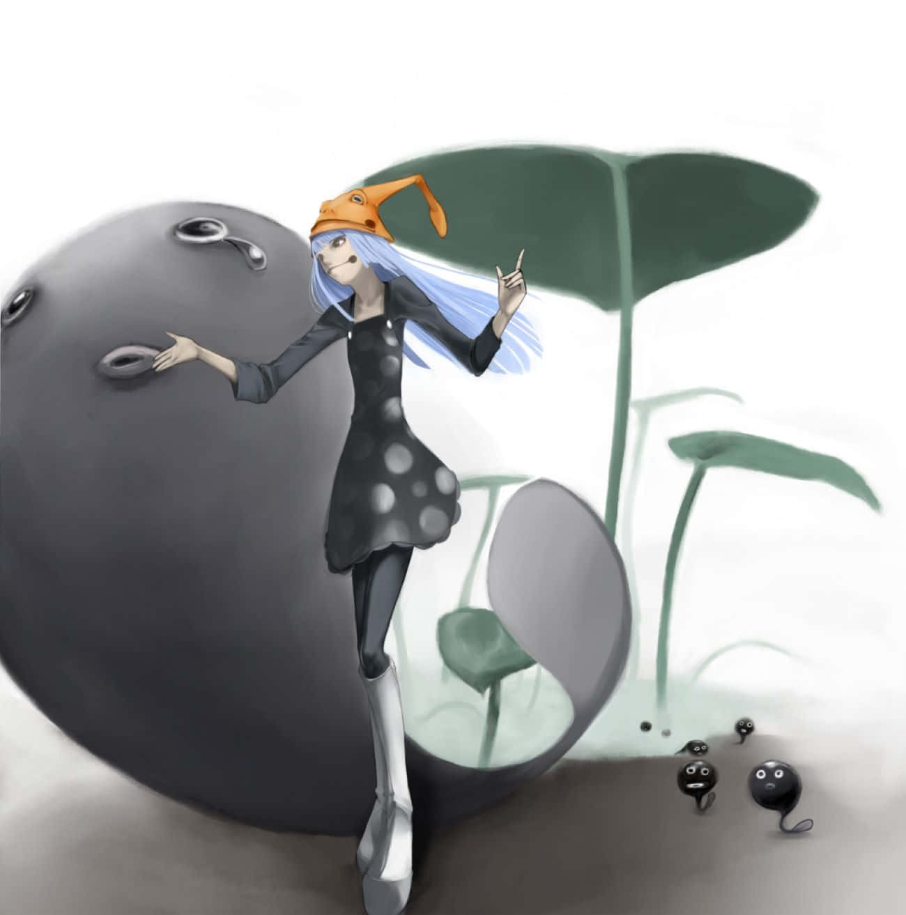  壁紙 — 一個藍髮戴橙色帽子的奇幻動漫女孩，在巨大的綠葉旁與大型灰色球體和小型黑色生物互動。