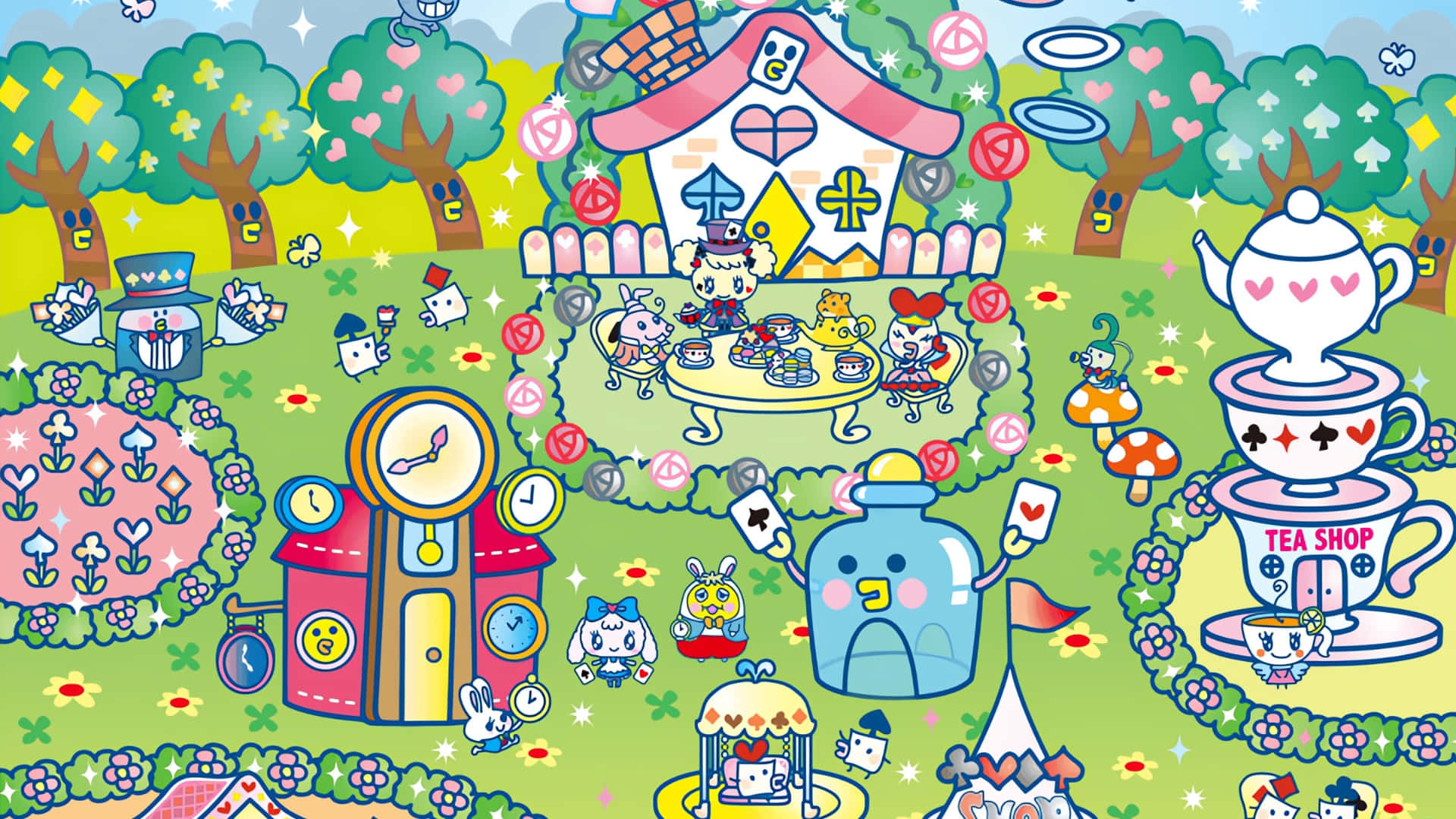  壁紙 — 一個異想天開的卡通景觀，有微笑的樹木、心形圖案和茶主題角色聚集在茶店和鐘樓周圍。