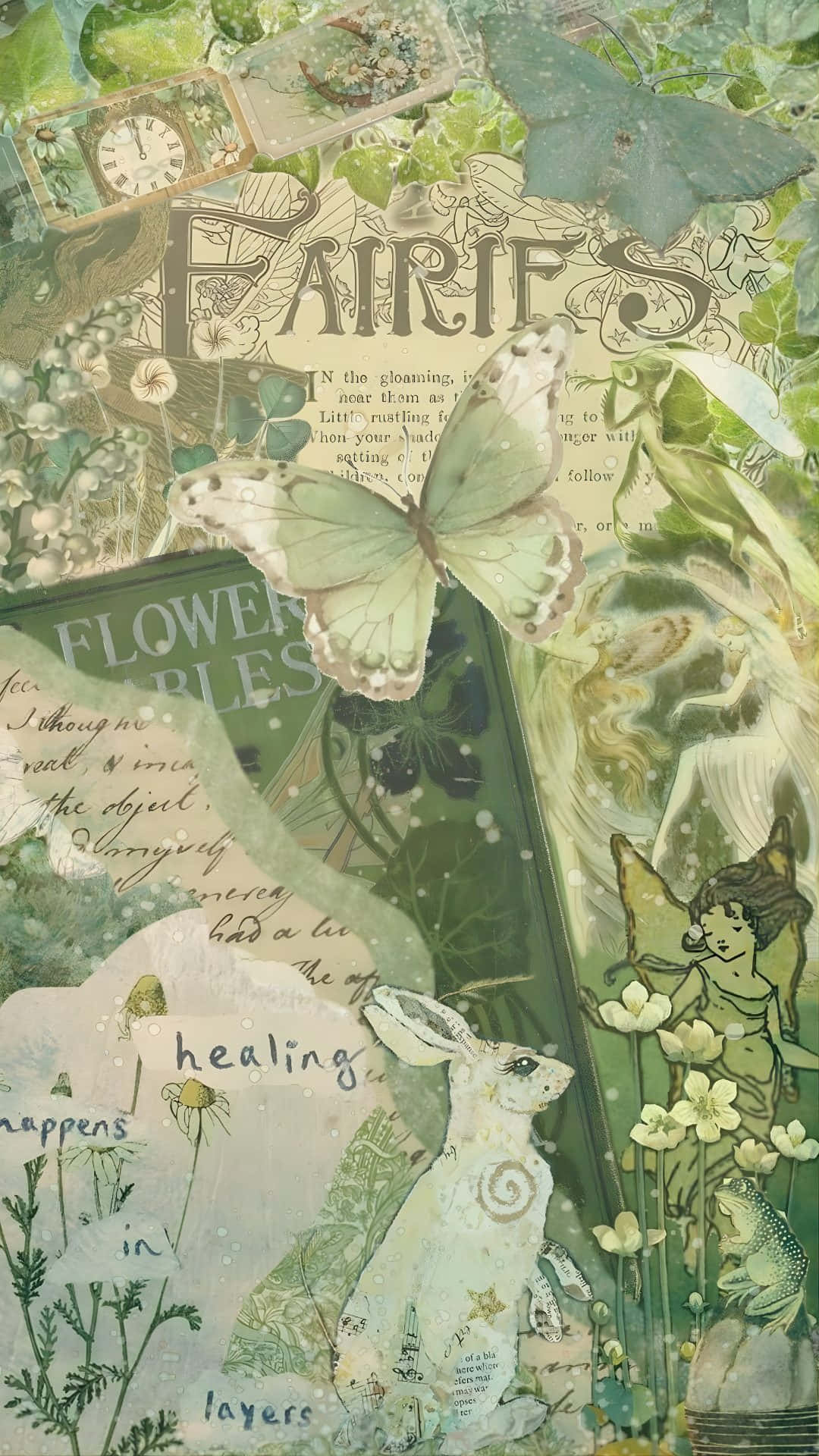  壁紙 — 一幅夢幻拼貼畫，包含仙女、蝴蝶和復古植物插圖，採用柔和的綠色和奶油色調。