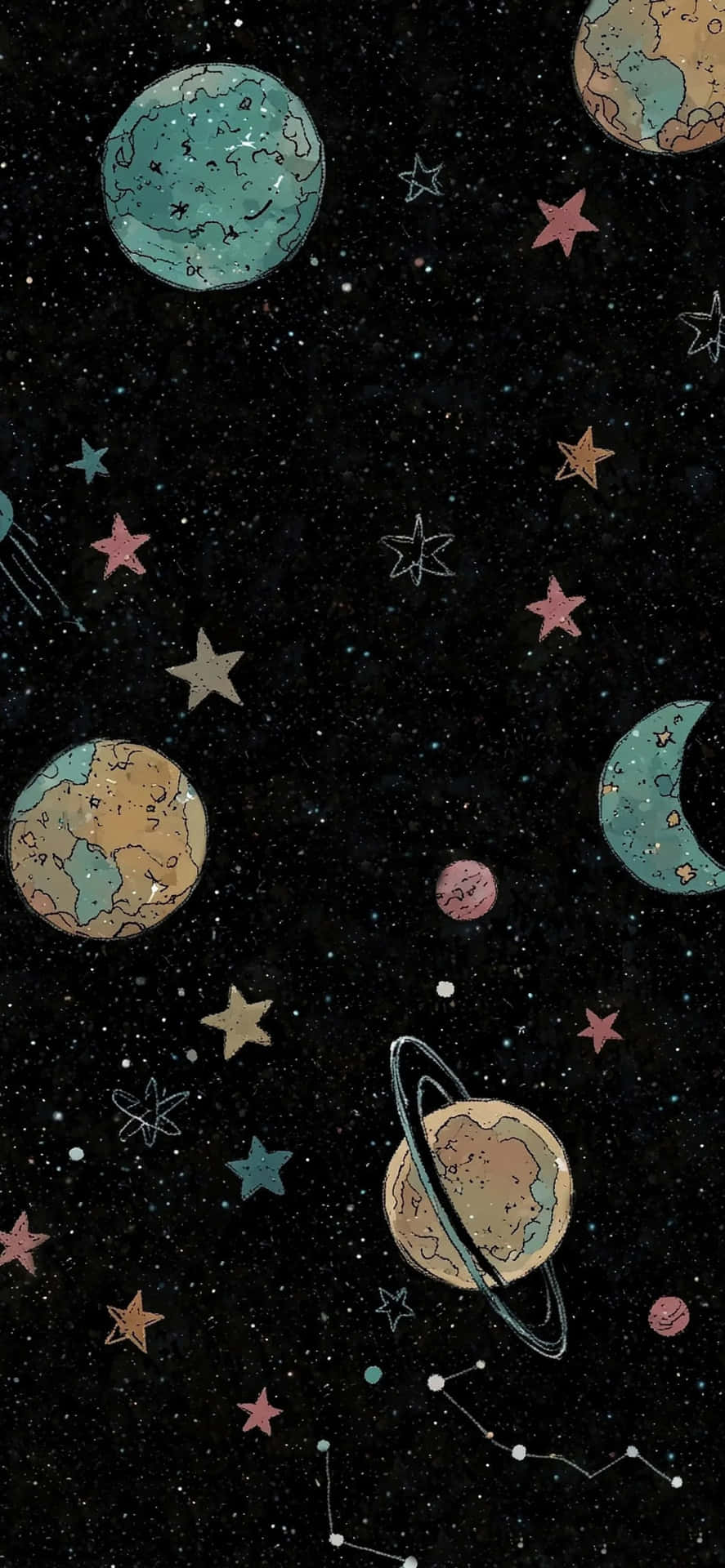  壁紙 — 一幅夢幻宇宙風格牆紙，手繪行星、星星和星座漂浮在繁星點點的夜空。