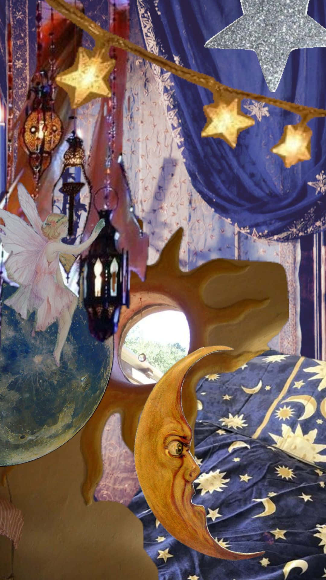  壁紙 — 一個異想天開的奇幻臥室，有微笑的彎月、星星燈籠和一個仙女，旁邊是一個地球儀，下方是藍色星星圖案的窗簾。