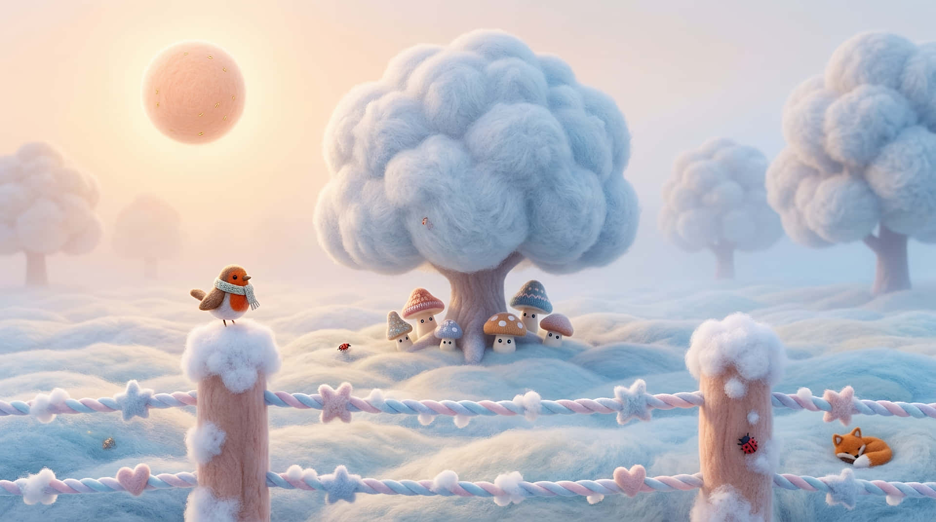 Whimsical Felted Winter Wonderland with Cute Robin and Mushrooms 壁紙 — 一個奇特的雪景，有蓬鬆的雲樹、一隻知更鳥站在灑滿雪的籬笆上，還有一隻狐狸在粉彩天空下沉睡。