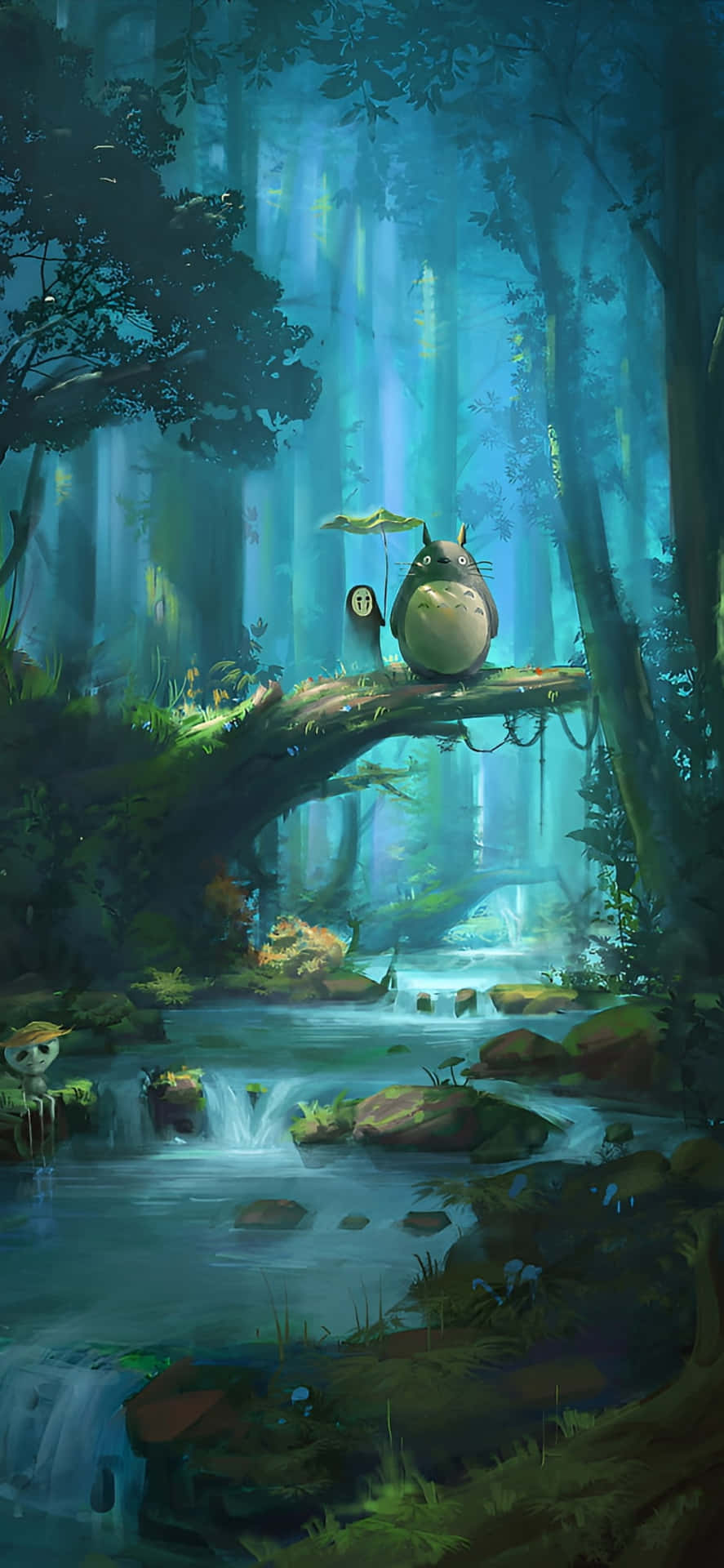  壁紙 — 一個奇幻的森林場景，龍貓和一個小夥伴坐在長滿苔蘚的樹枝上，俯瞰著發光的藍色溪流。