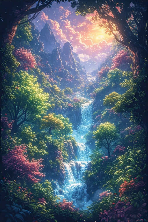 日落時分，一道發光的瀑布流過茂密的森林山谷，周圍是充滿活力的粉紅色和綠色樹葉。