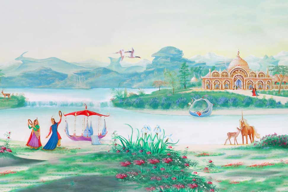 壁紙 — 一個奇幻的插圖場景，有兩個人物在河岸旁跳舞，旁邊有一個漂浮的華蓋，一隻獨角獸和一隻小鹿，遠處還有一座圓頂宮殿，天空柔和粉彩。