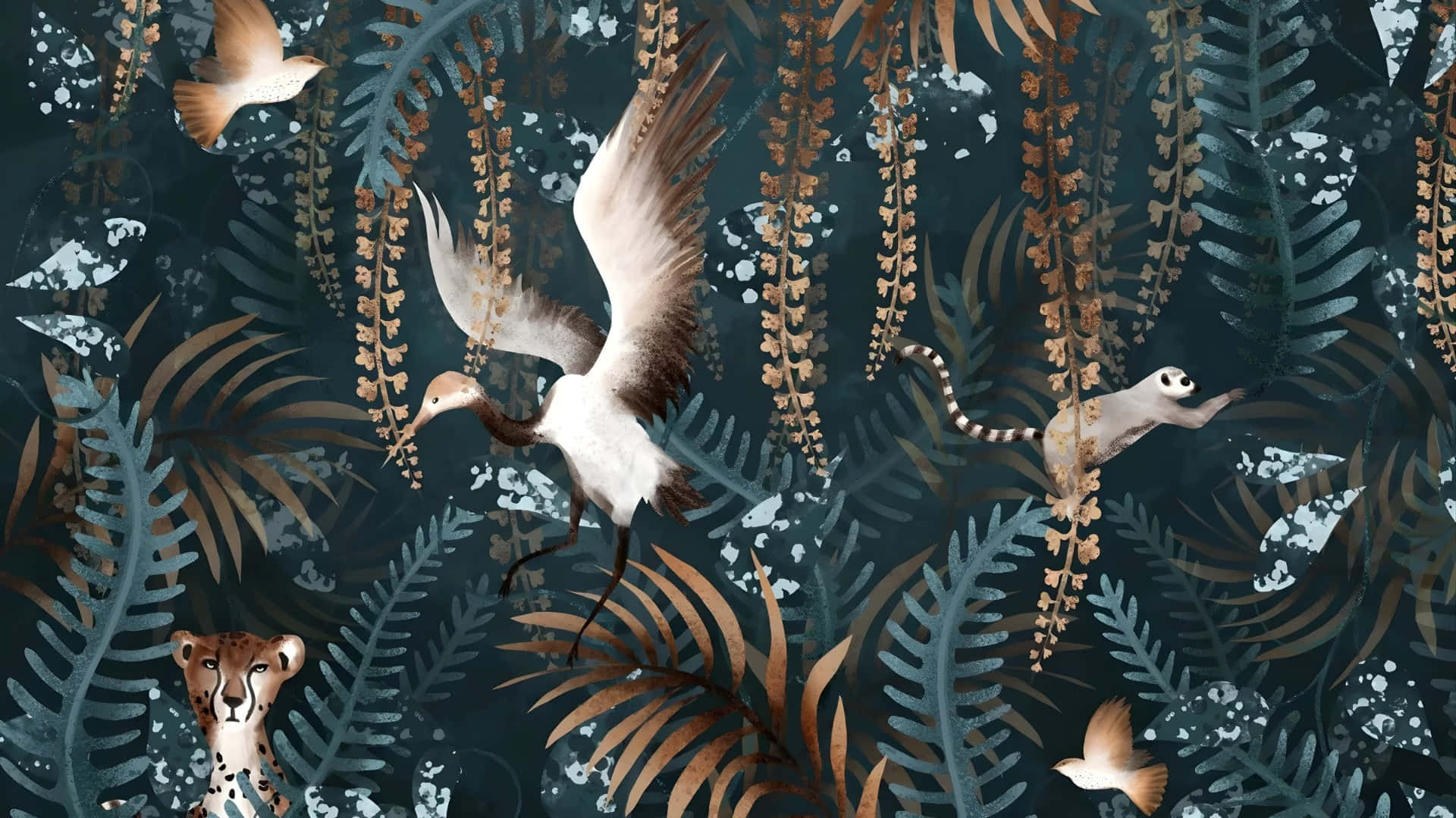  壁紙 — 一幅異想天開的插圖，描繪鳥類和一隻狐猴在茂密的蕨類植物中搖擺，一隻獵豹從下方窺視。