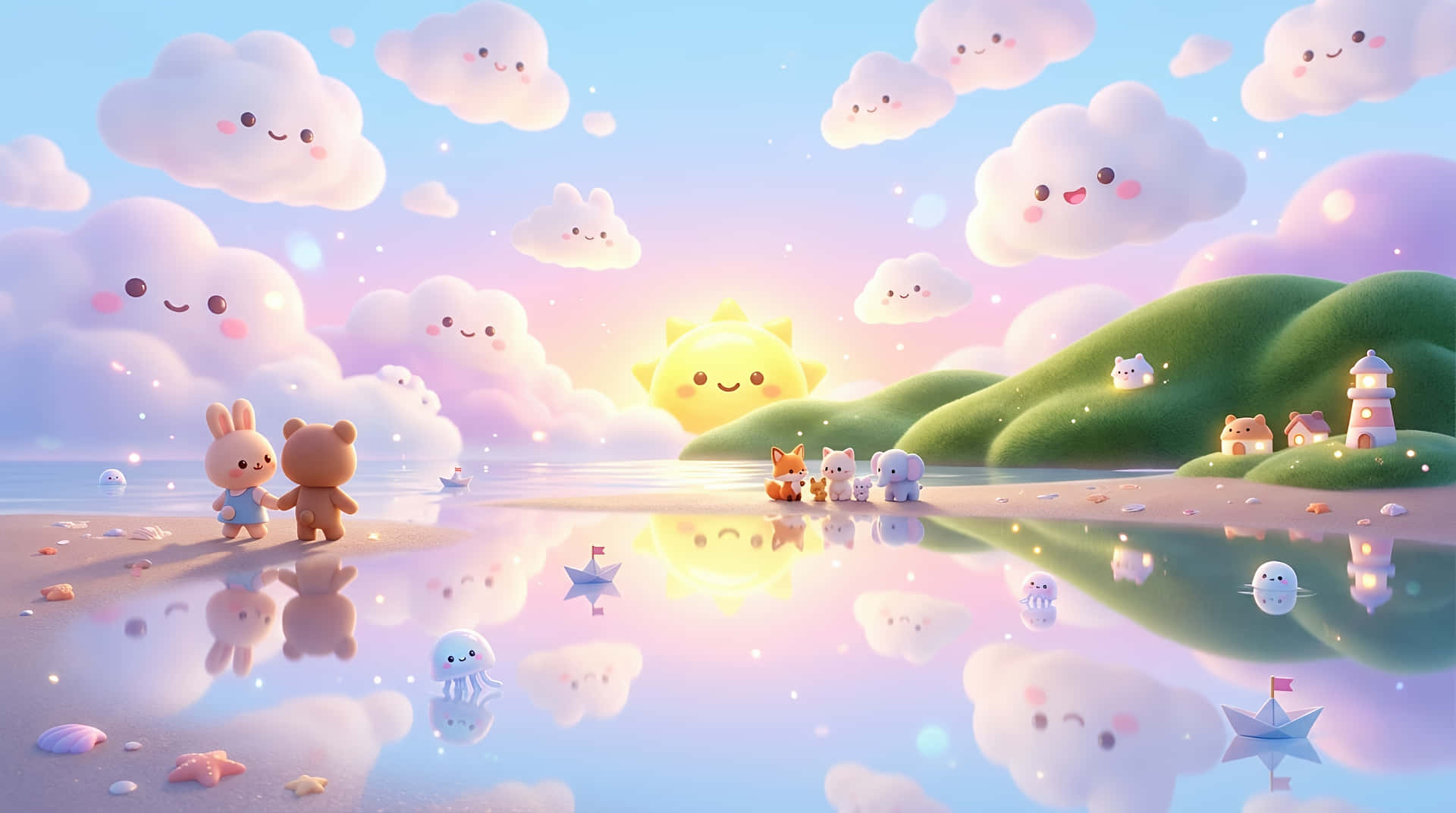 Whimsical Kawaii Beach at Sunrise with Smiling Clouds 壁紙 — 可愛的卡通動物在微笑的雲朵和歡快的太陽映照在平靜水面下的寧靜海灘上漫步。