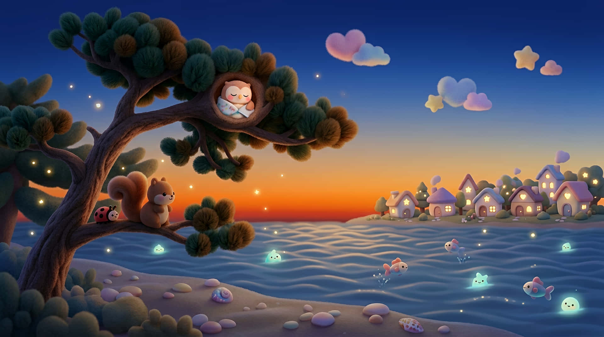 Whimsical Kawaii Coastal Village at Sunset with Sleeping Owl 壁紙 — 寧靜的黃昏場景，樹巢中有一隻睡著的貓，水中有發光的魚，對岸有一個舒適的村莊。