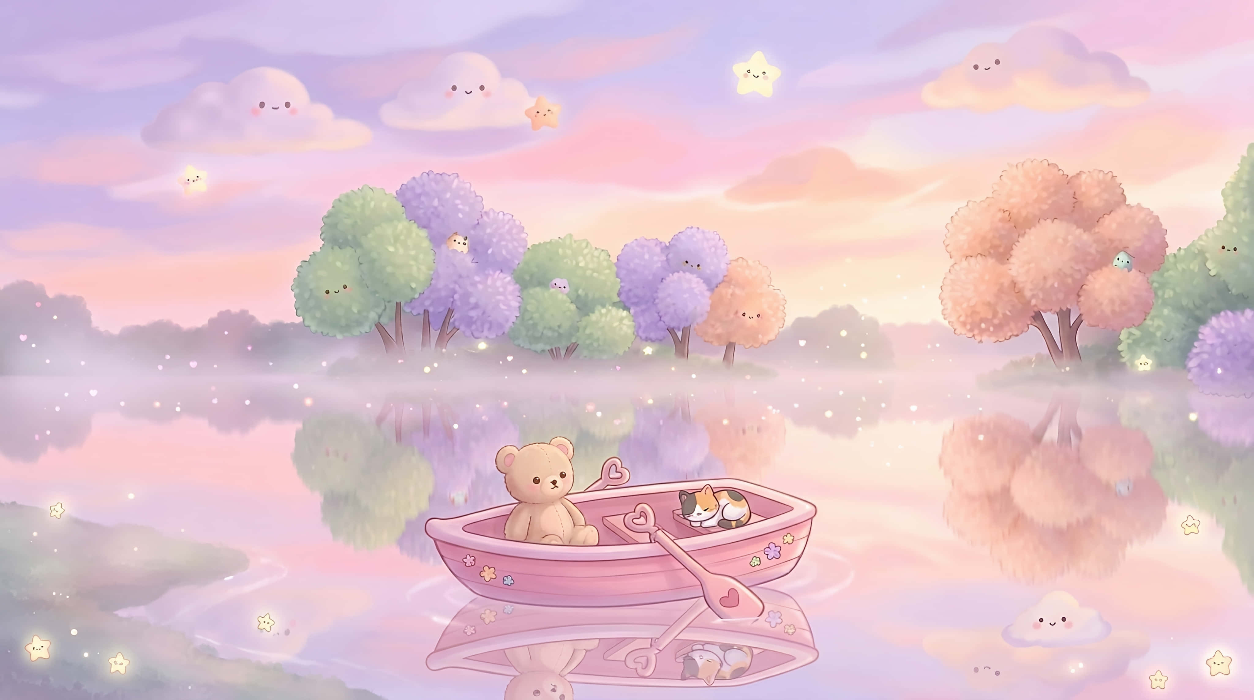Whimsical Kawaii Lake Adventure with Bear and Cat at Sunset 壁紙 — 可愛的泰迪熊和貓咪在夢幻粉彩湖上乘坐粉紅色小船，天空中有微笑的雲朵和閃爍的星星。