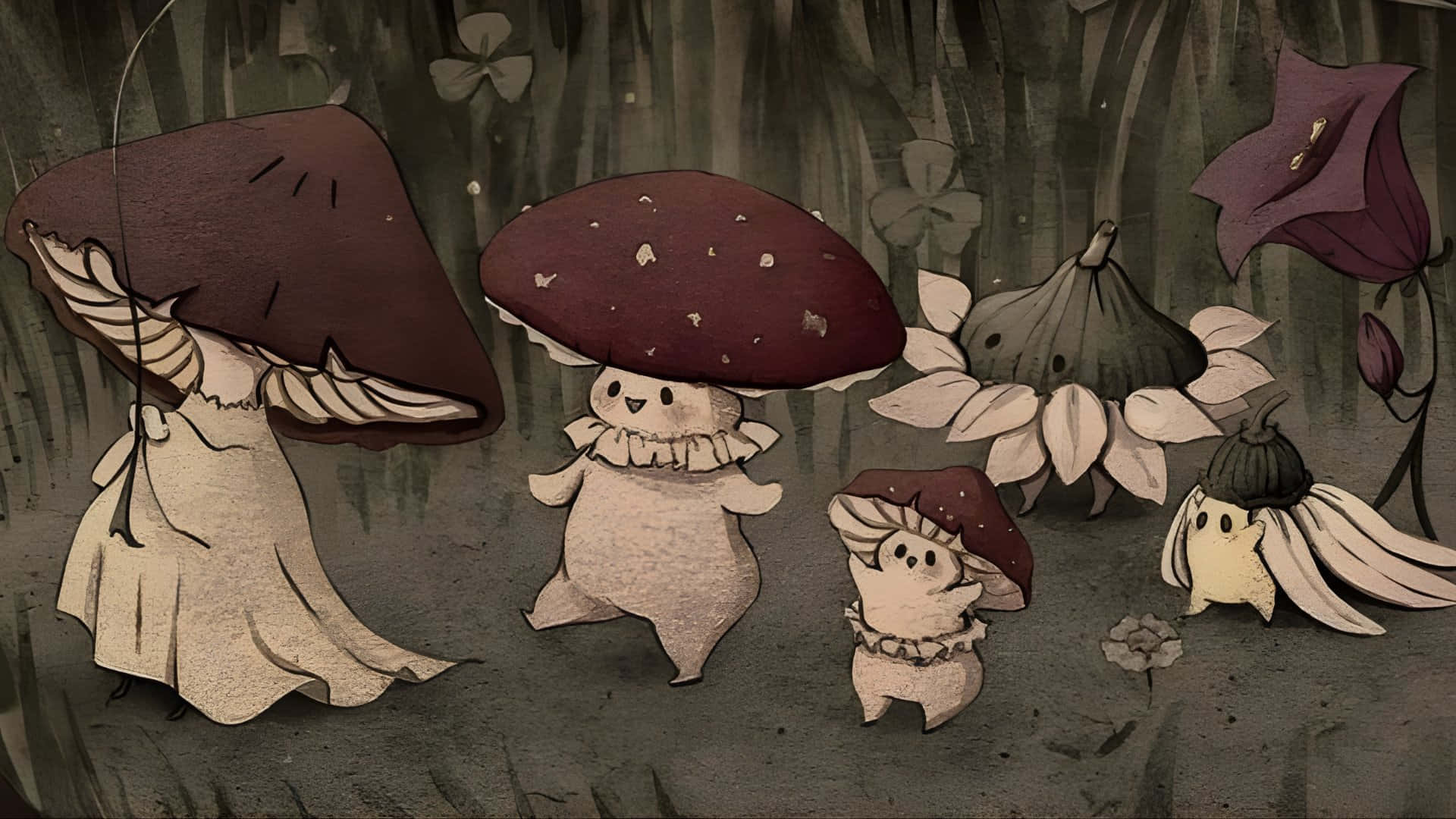  壁紙 — 表情豐富、戴著飄逸帽裙的奇幻蘑菇生物，聚集在霧氣瀰漫、點綴著三葉草的森林空地上。