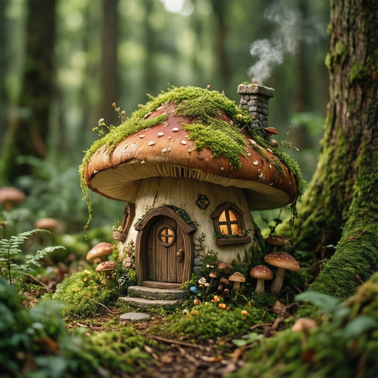 Mushroom Cottage Forest 壁紙 — 一座童話般的蘑菇形小屋，閃爍著光芒的窗戶，坐落在長滿苔蘚的森林中，煙霧從石頭煙囪中升起。