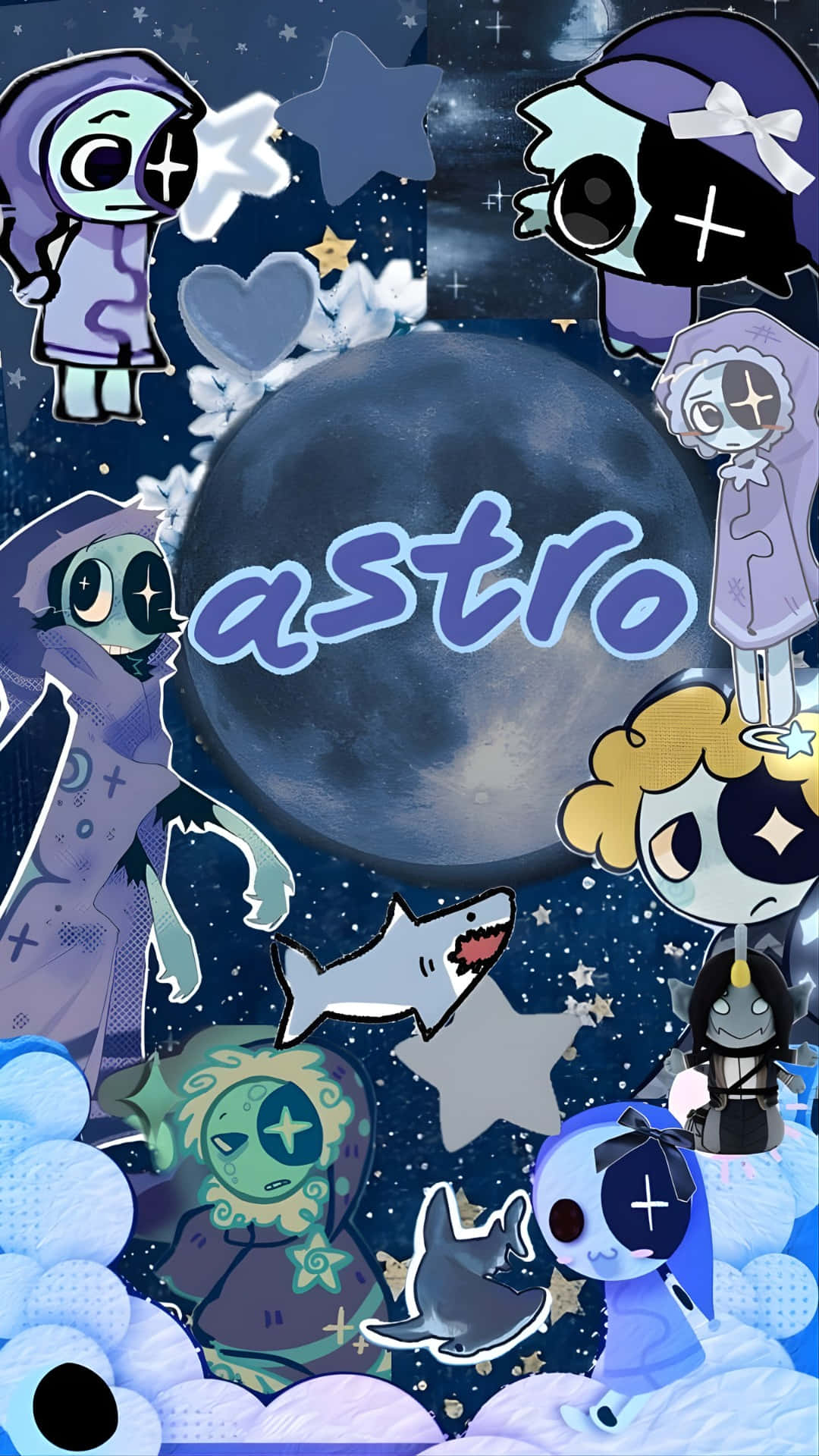  壁紙 — 一個夢幻的夜空壁紙，卡通角色漂浮在一個大月亮周圍，中間有發光的「astro」字樣。