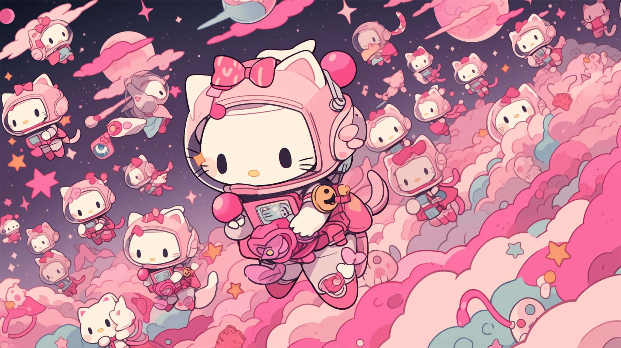 Y2k Desktop 桌布 壁紙 — 一個充滿Hello Kitty太空人在 fluffy 雲朵和星星之間漂浮的奇幻粉紅色太空場景。