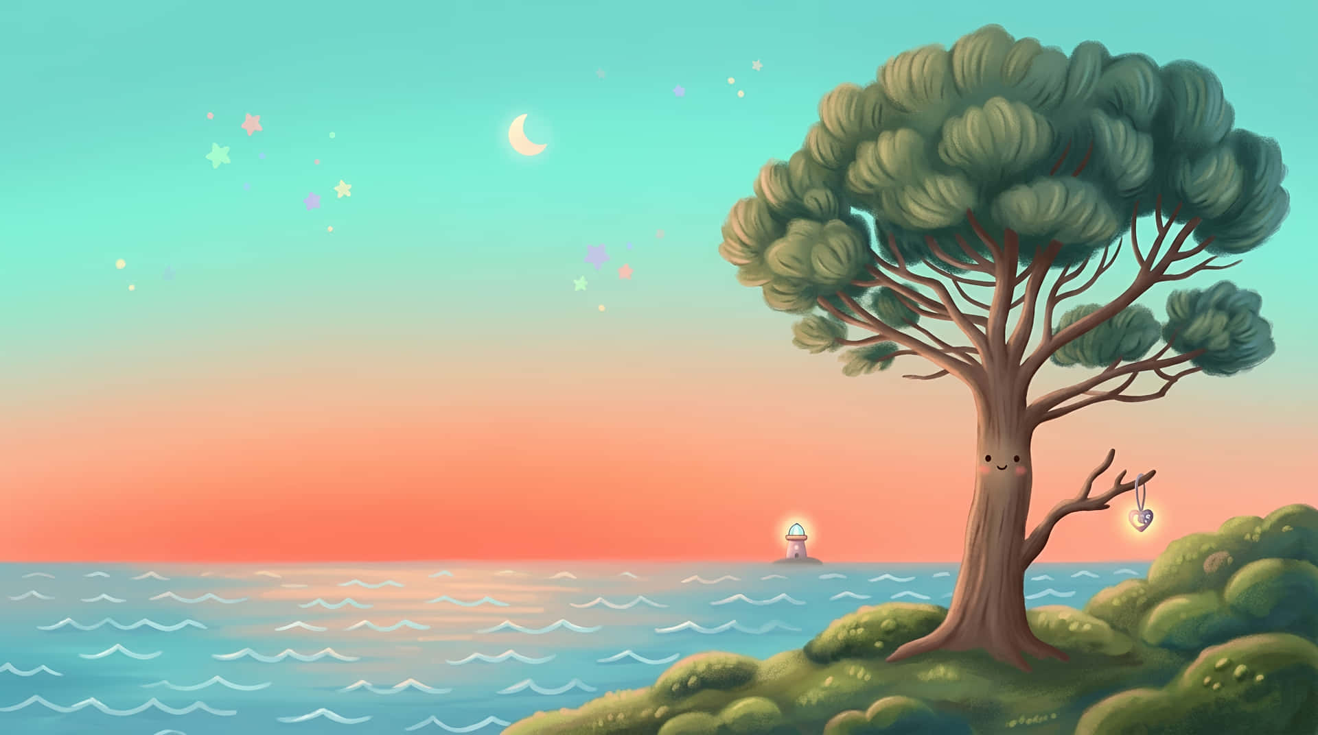 Whimsical Seascape with Smiling Tree at Twilight 壁紙 — 一棵帶有笑臉的奇幻卡通樹，站在長滿草的懸崖上，俯瞰著暮色中平靜的海洋，上方有一彎新月和閃爍的星星。