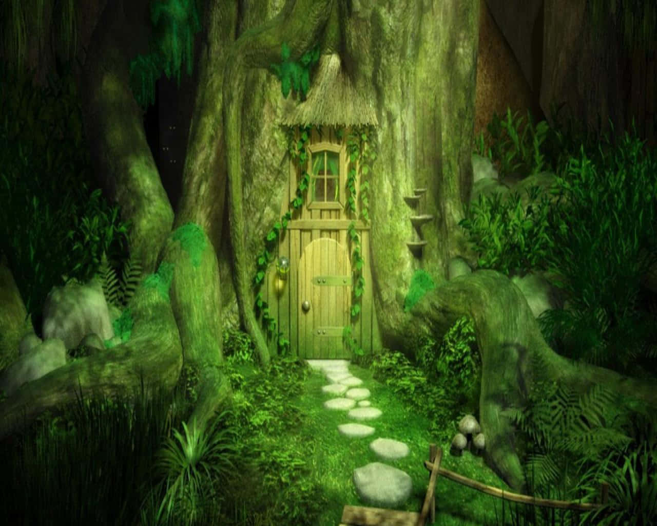 深綠色森林中帶有石徑的迷人樹屋。