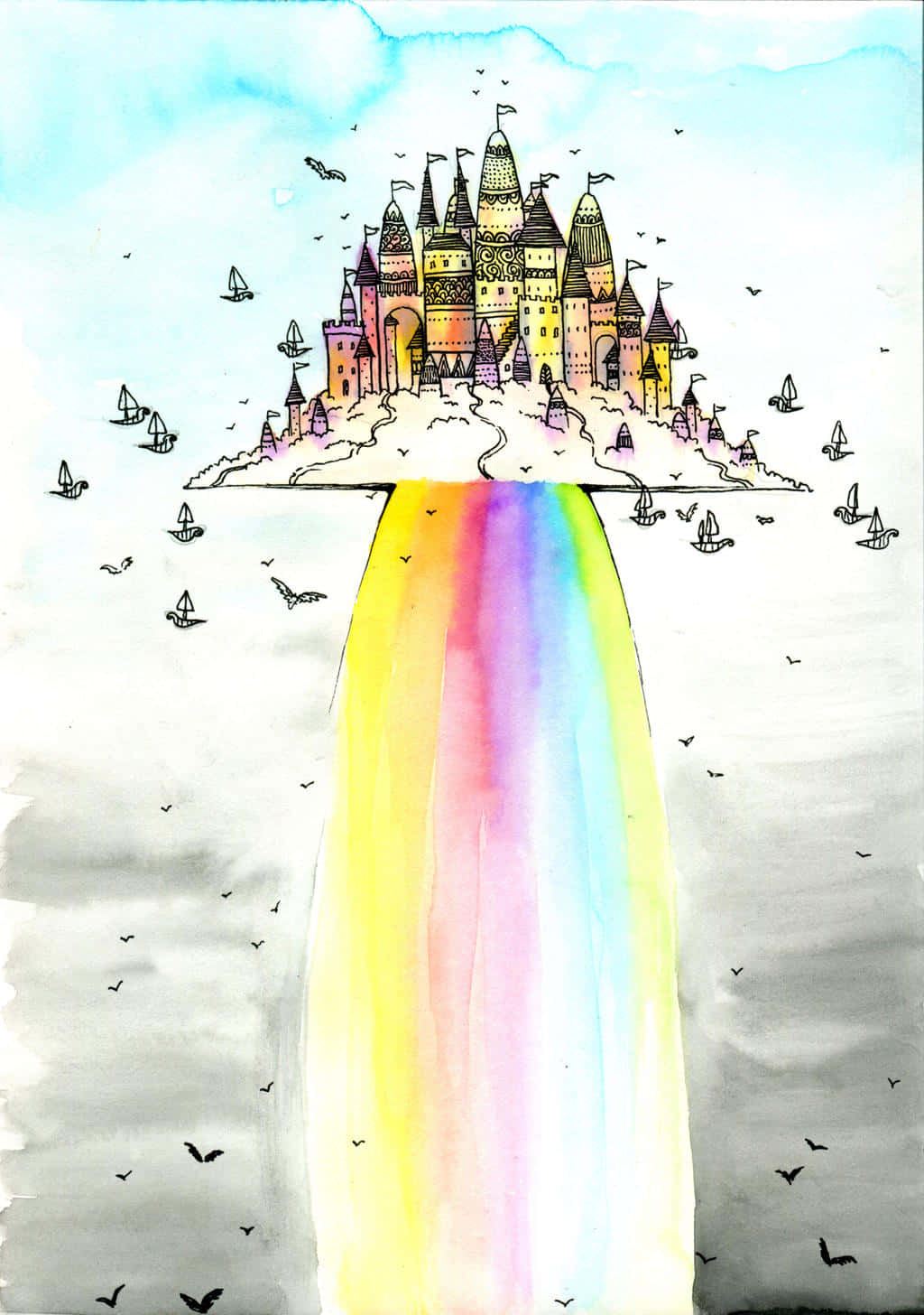  壁紙 — 一座奇幻的水彩城堡漂浮在充滿活力的彩虹橋上，周圍環繞著鳥類和帆船。