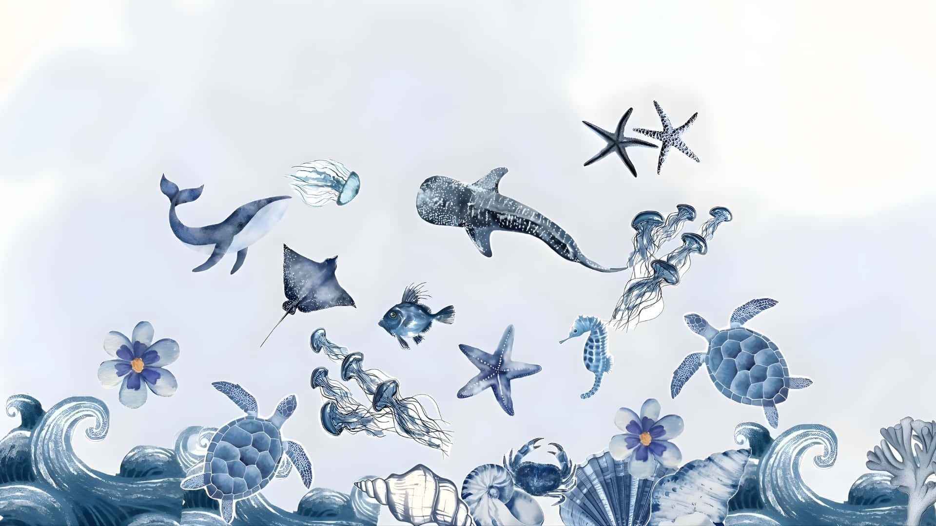  壁紙 — 一幅異想天開的水彩畫場景，描繪海洋生物和海生植物漂浮在風格化的波浪之上，採用冷藍色調。