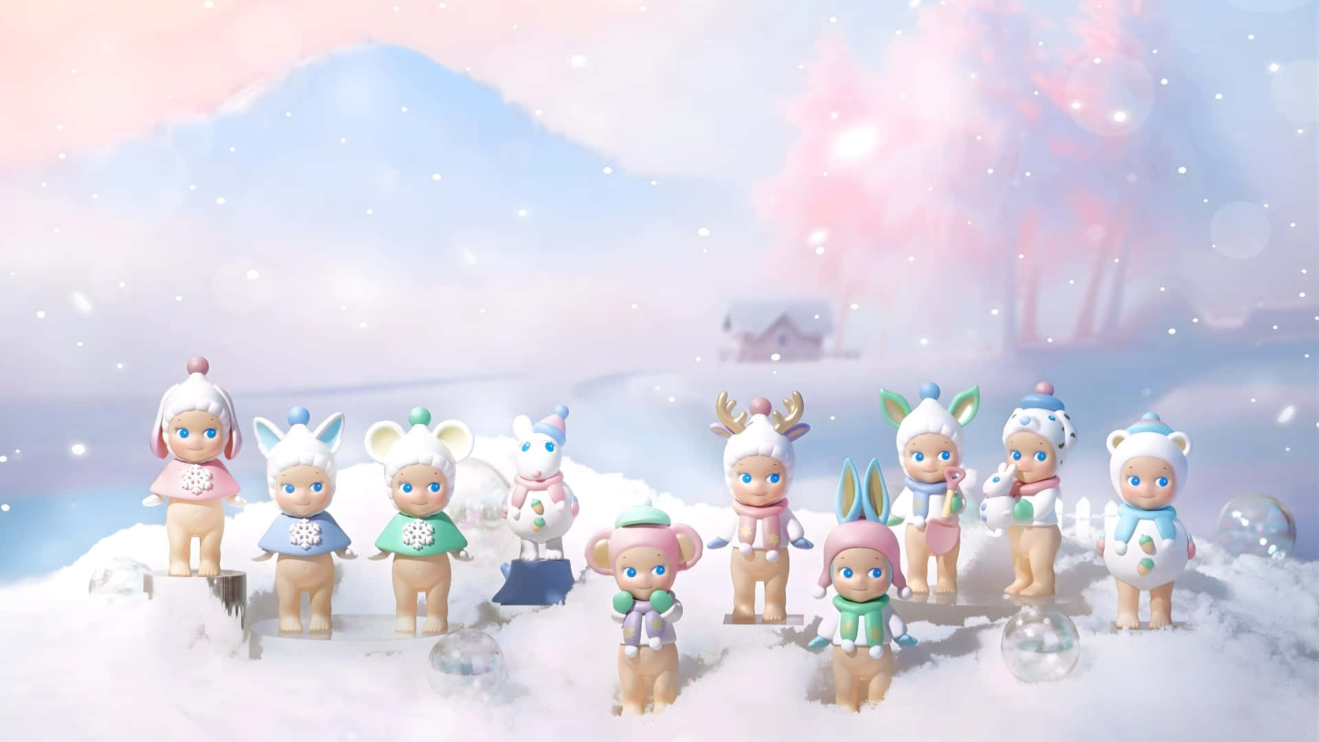 壁紙 — 一個奇妙的冬季場景，可愛的動物造型角色穿著雪地裝備，站在白雪覆蓋的山丘上，背景是粉彩色的天空和柔和發光的燈光。