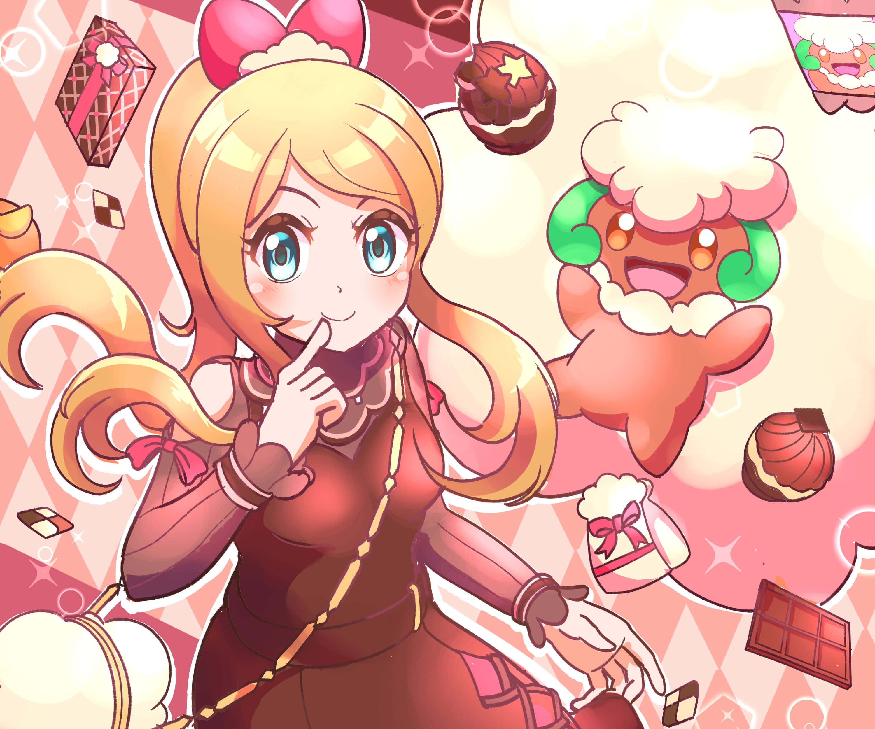 Whimsicott 與 Serena 壁紙 — 一個開心的動漫女孩，金髮藍眼，手指放在嘴唇上，周圍漂浮著糖果和一個微笑的餅乾怪物。