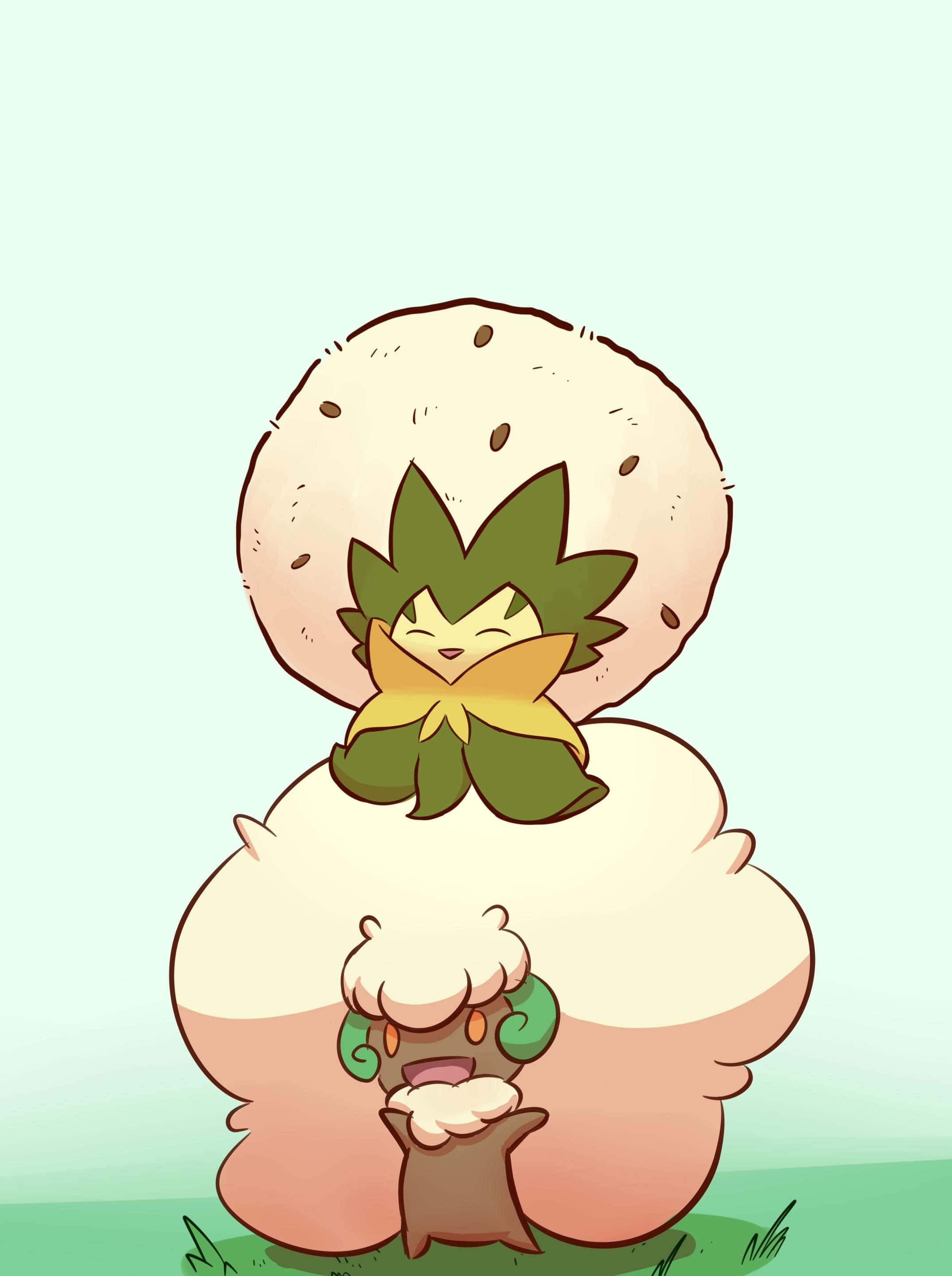 Whimsicott與Eldegoss 壁紙 — 兩個可愛嘅寵物小精靈角色，一個有綠色葉同黃色蝴蝶結，另一個有毛茸茸嘅白色身體，一齊企喺草地上，背景係柔和嘅薄荷色。