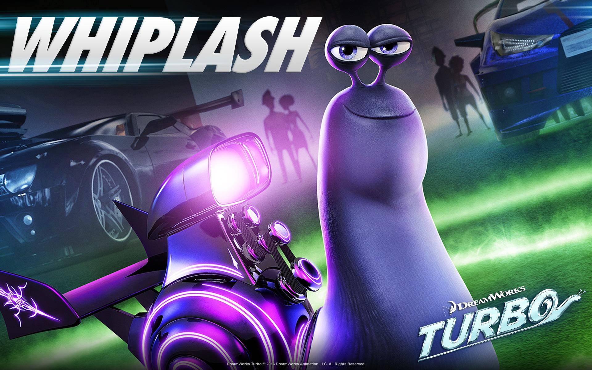 Whiplash 電影海報 壁紙 — 一隻紫色動畫蝸牛，眼睛大大，站在一輛發光紫色未來設計賽車旁邊。