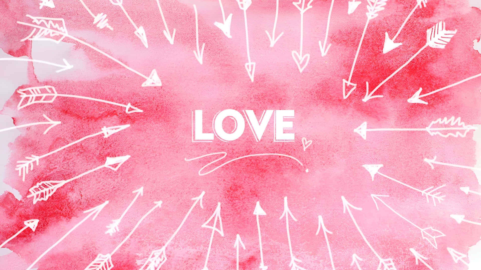  壁紙 — 白色箭頭和心形從 LOVE 一詞向外輻射，背景為柔和的粉紅色水彩。