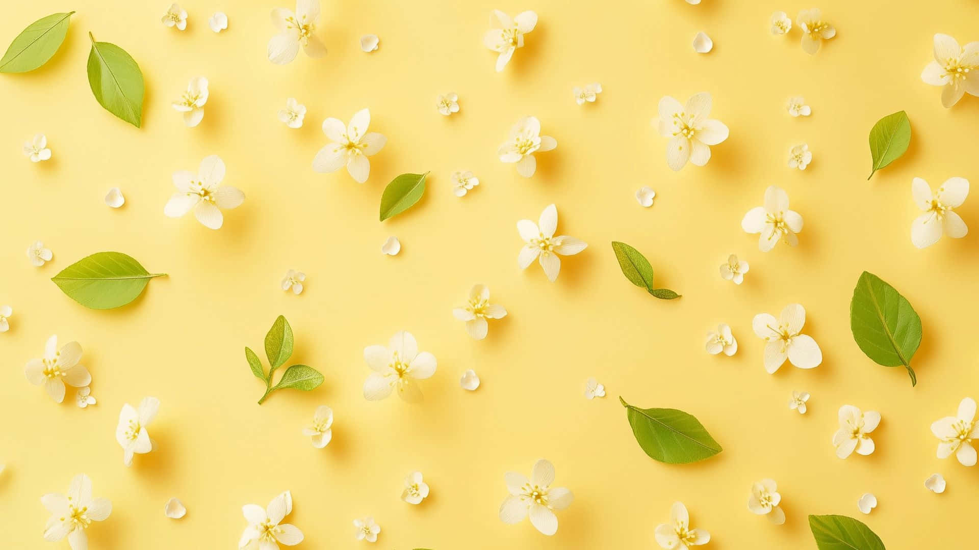  壁紙 — 白色花朵和綠色葉子散落在鮮豔的黃色背景上，形成平鋪構圖。