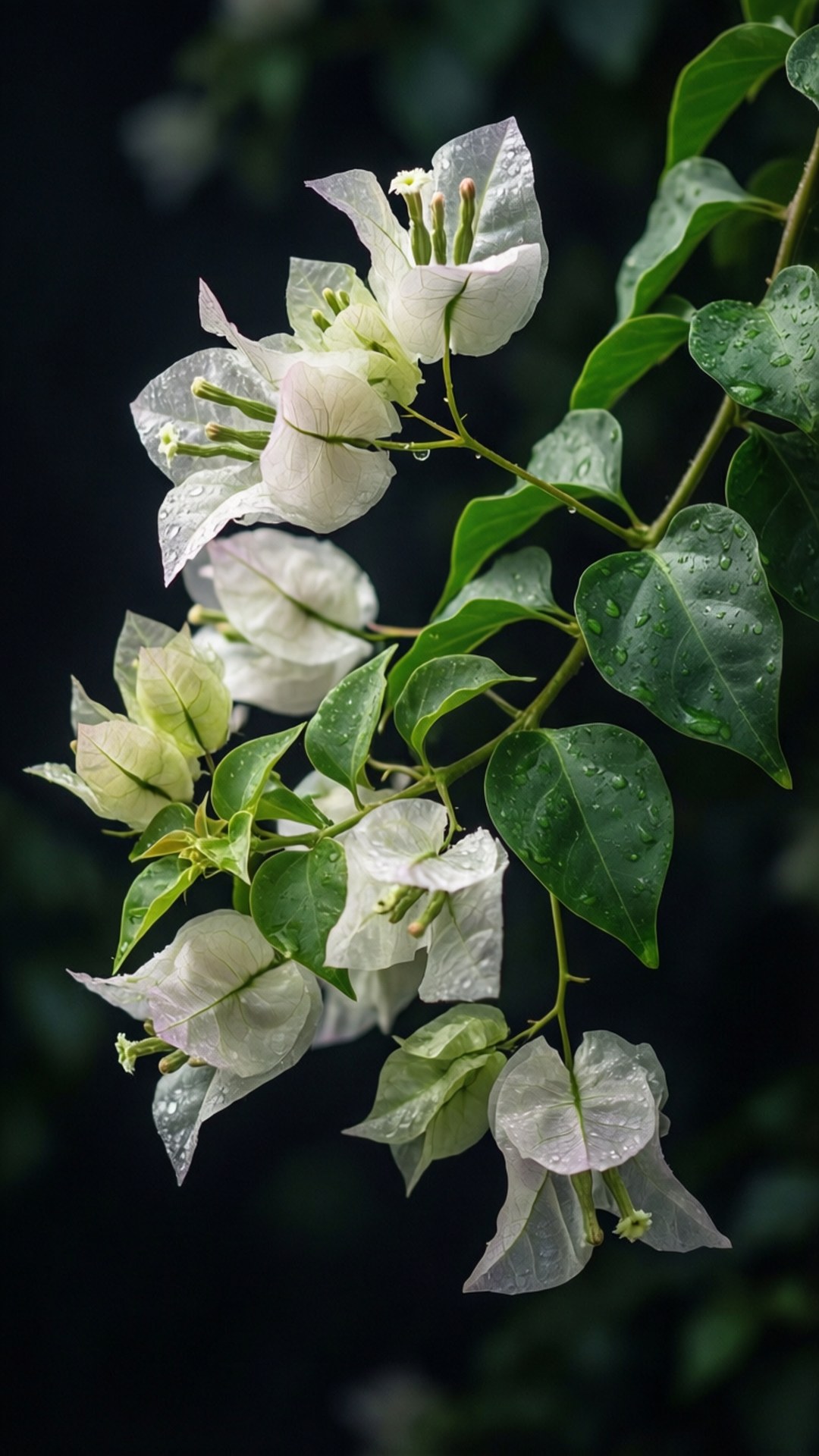 白色簕杜鵑花和綠葉覆蓋著雨滴。