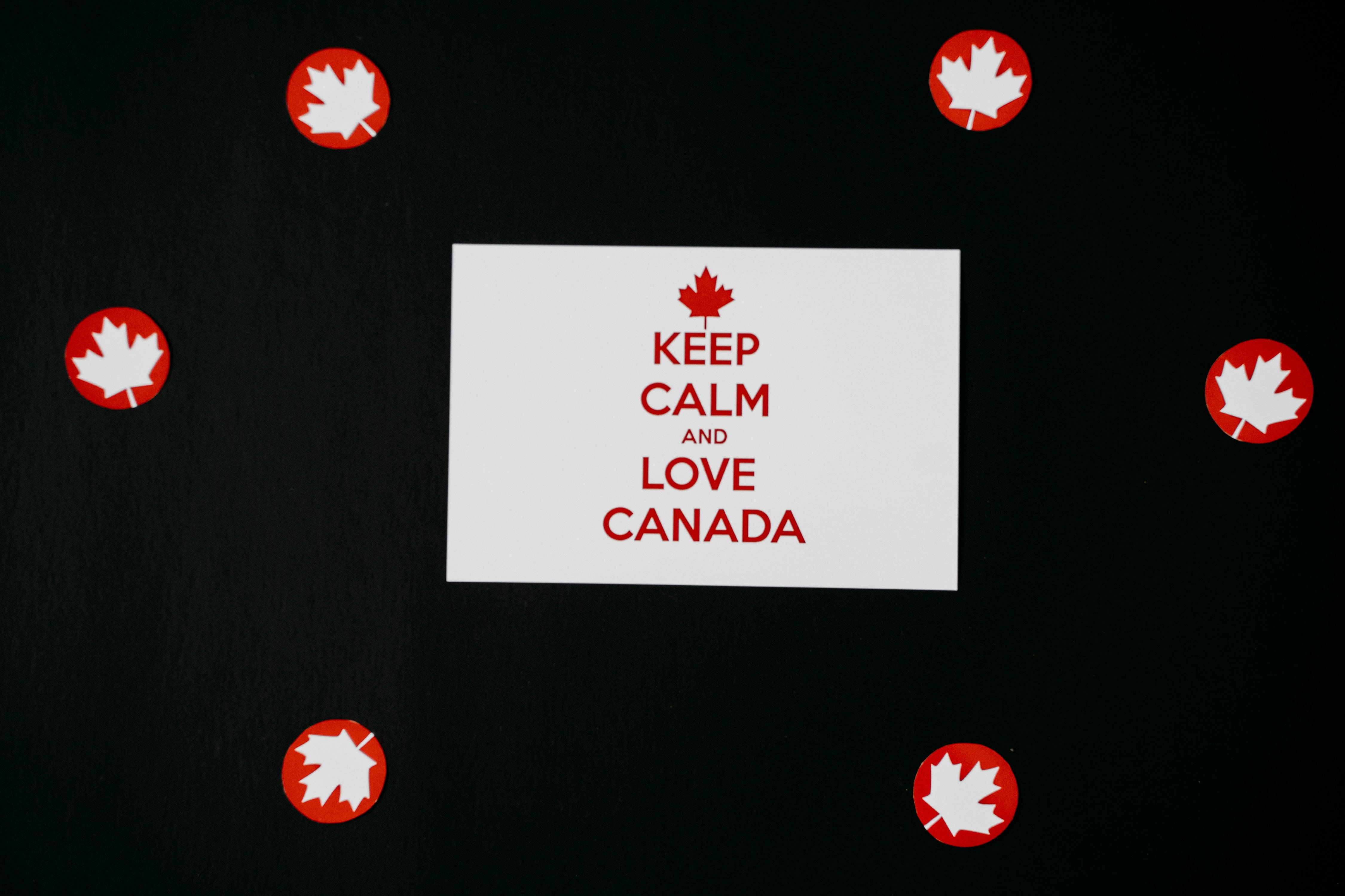 白色卡片，紅色文字寫著 Keep Calm and Love Canada，周圍是紅色楓葉貼紙。