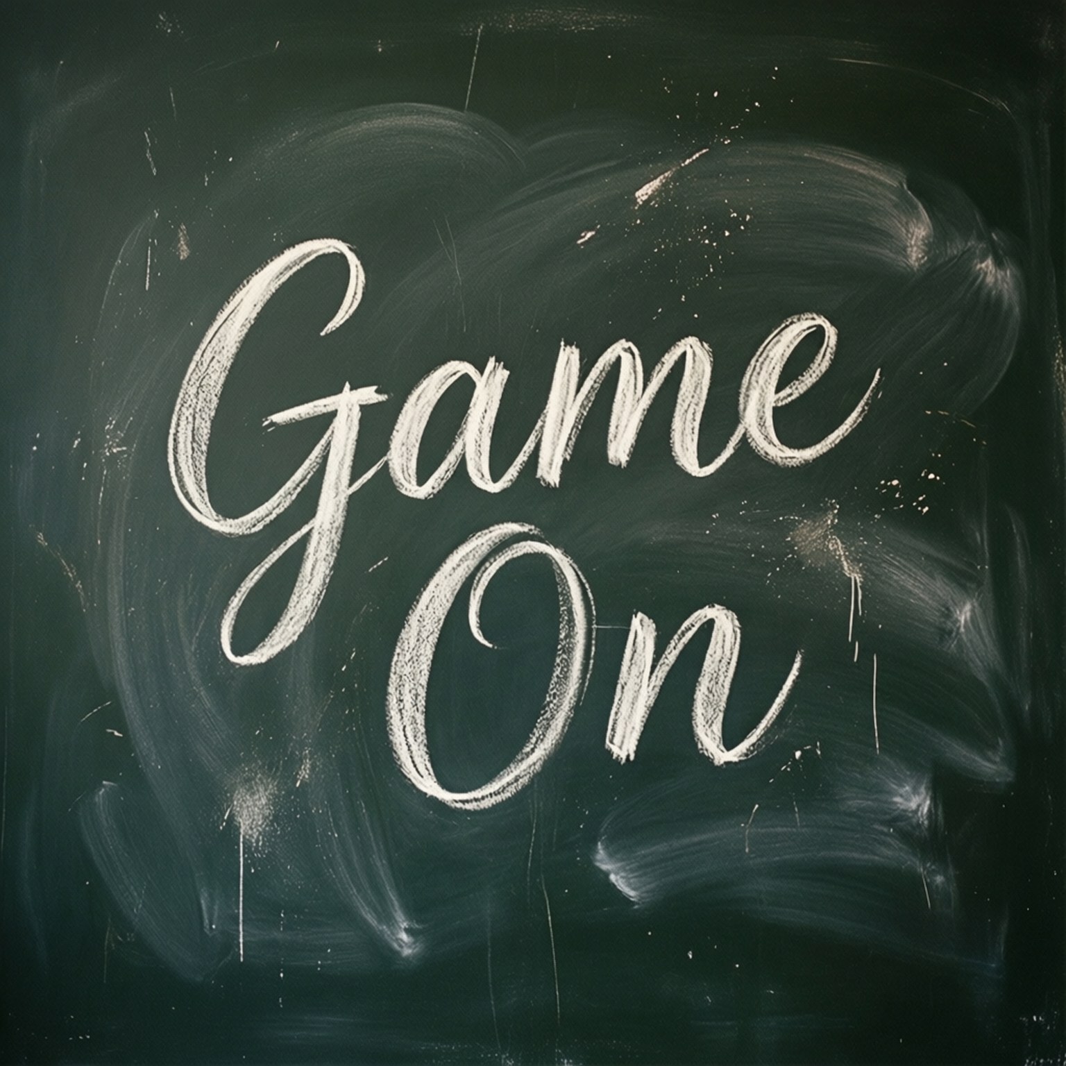 Game On 桌布 壁紙 — 白色粉筆字母在深綠色黑板上以草書拼寫'Game On'，帶有模糊痕跡。