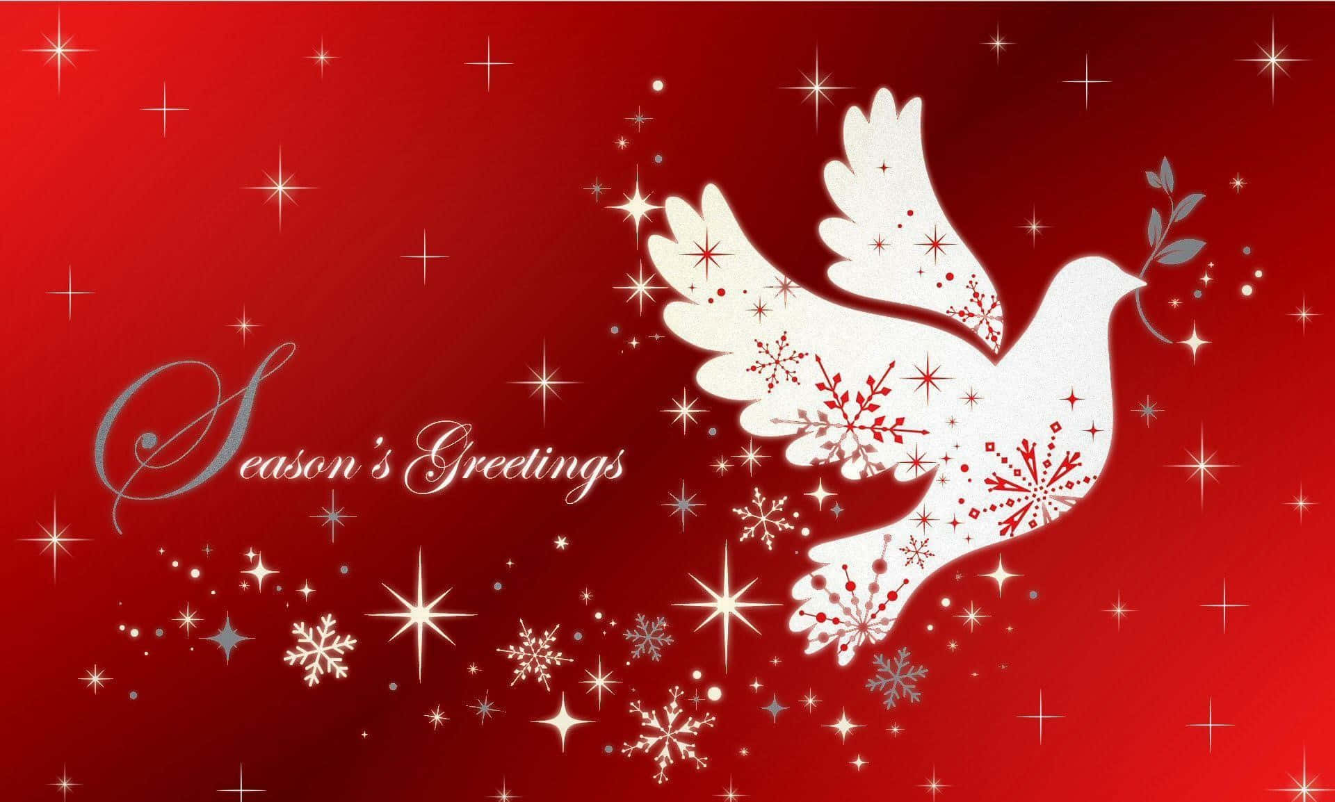 白鴿帶着雪花在紅色背景上飛翔，背景有星星和Season's Greetings文字。