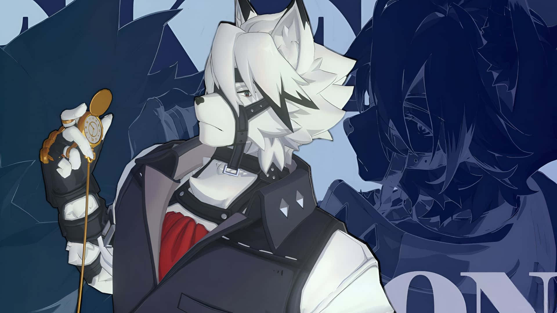  壁紙 — 一個白髮狐狸般的動漫角色，穿著深色背心，在陰暗的藍色背景前拿著一根金色頂端的杖。