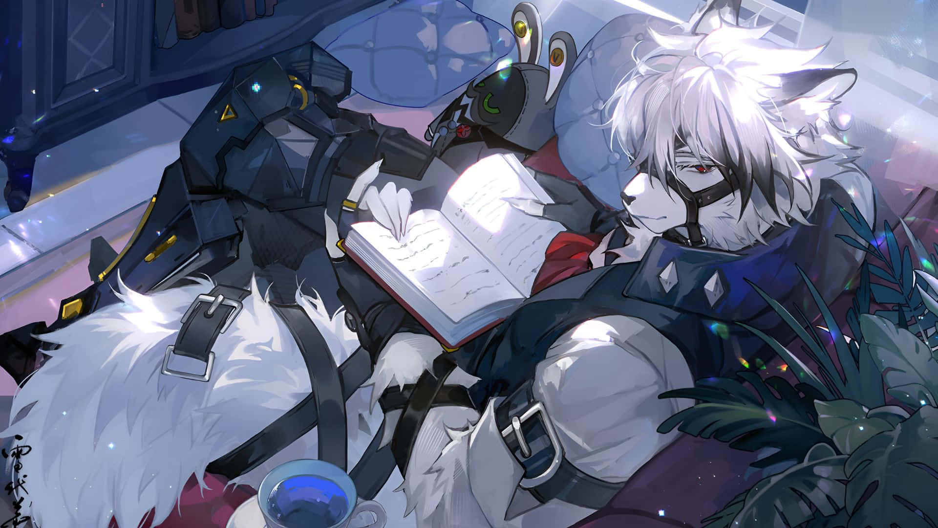  壁紙 — 一隻白髮擬人化狐狸穿著盔甲，在床上休息，旁邊有發光植物和機械人同伴，正在閱讀一本書。