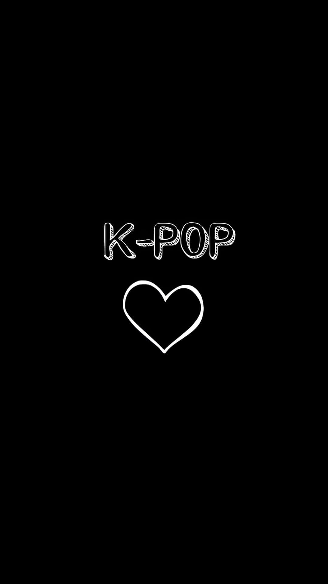  壁紙 — 白色手繪K-POP文字和心形在純黑色背景上。
